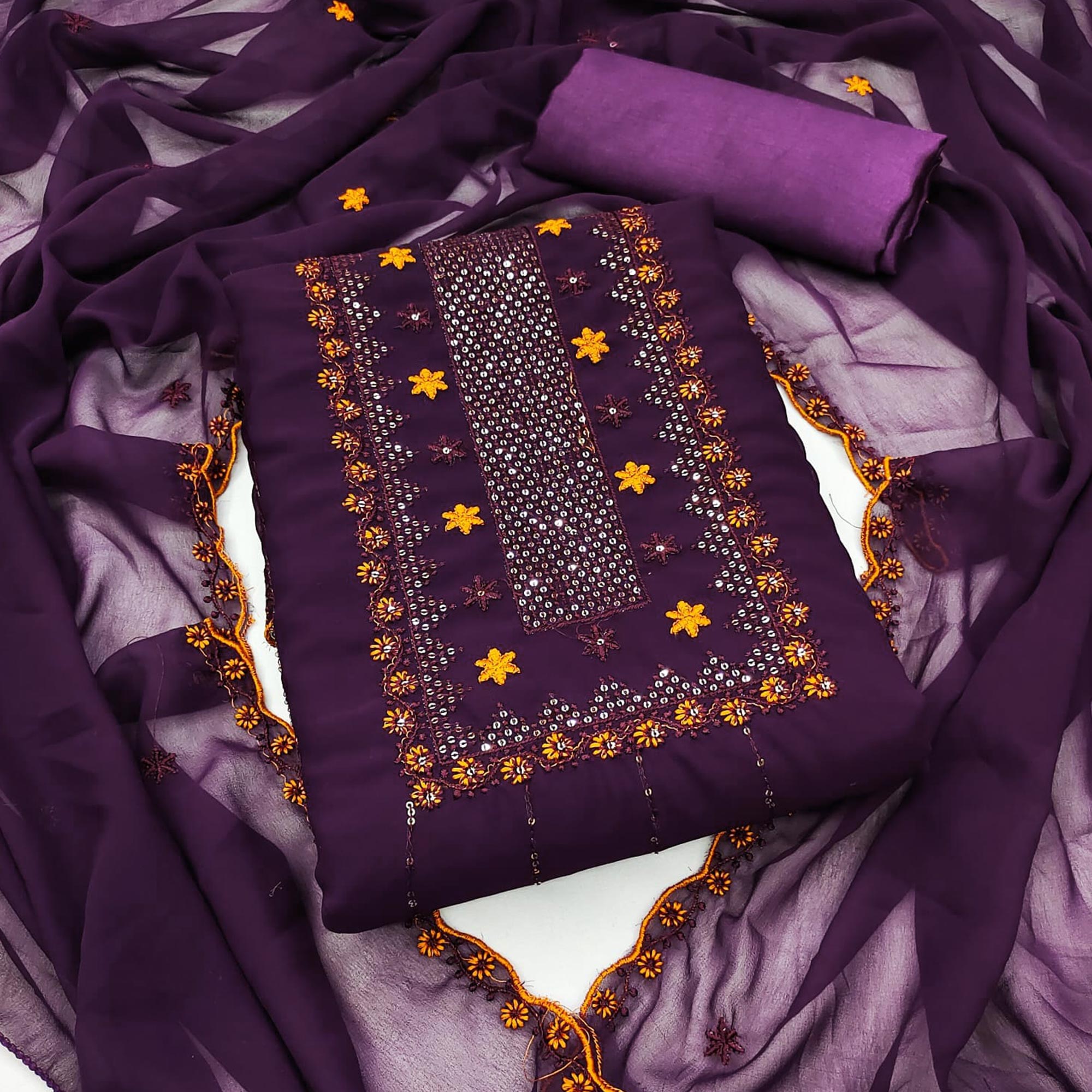 Purple Sequins Embroidered Georgette Dress Material