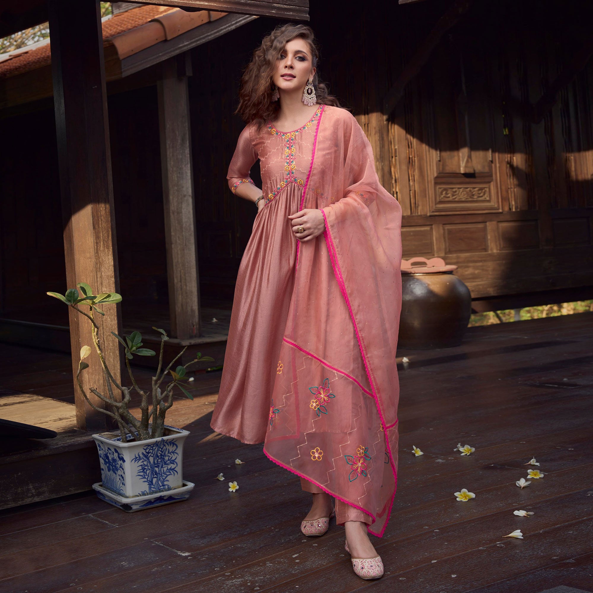 Peach Floral Embroidered Art Silk Naira Cut Suit