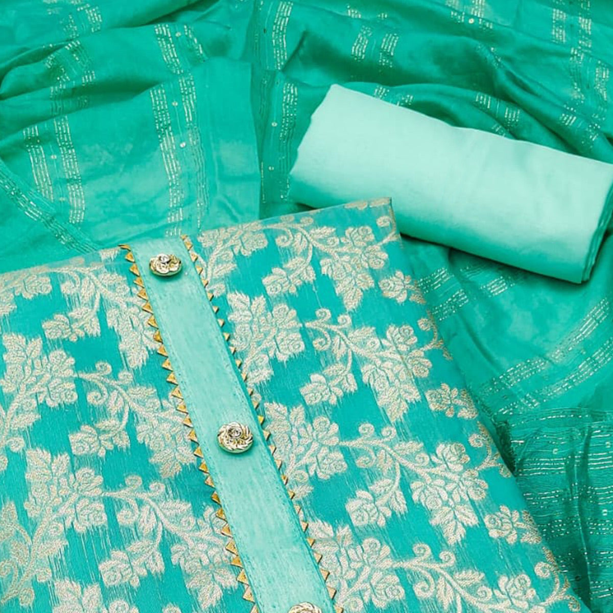 Turquoise Floral Woven Modal Dress Material