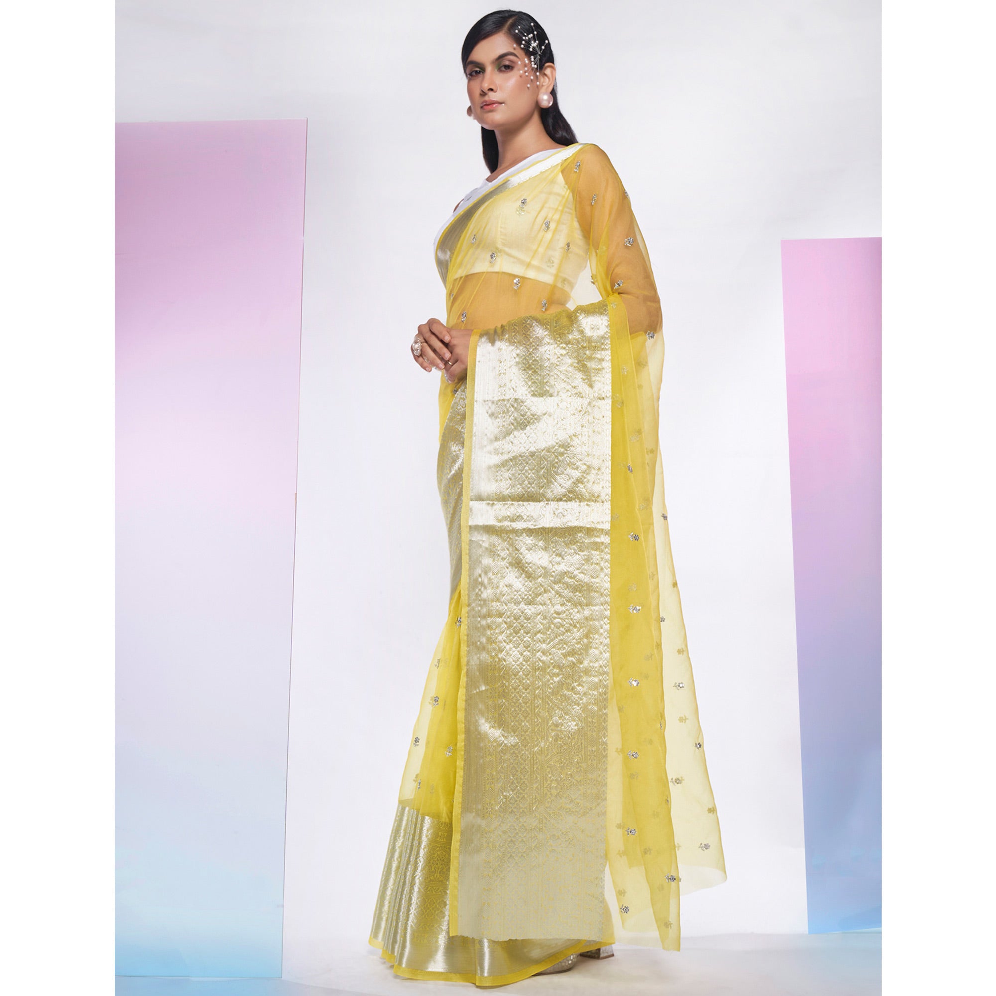 Lemon Yellow Sequins Floral Embroidered Organza Saree