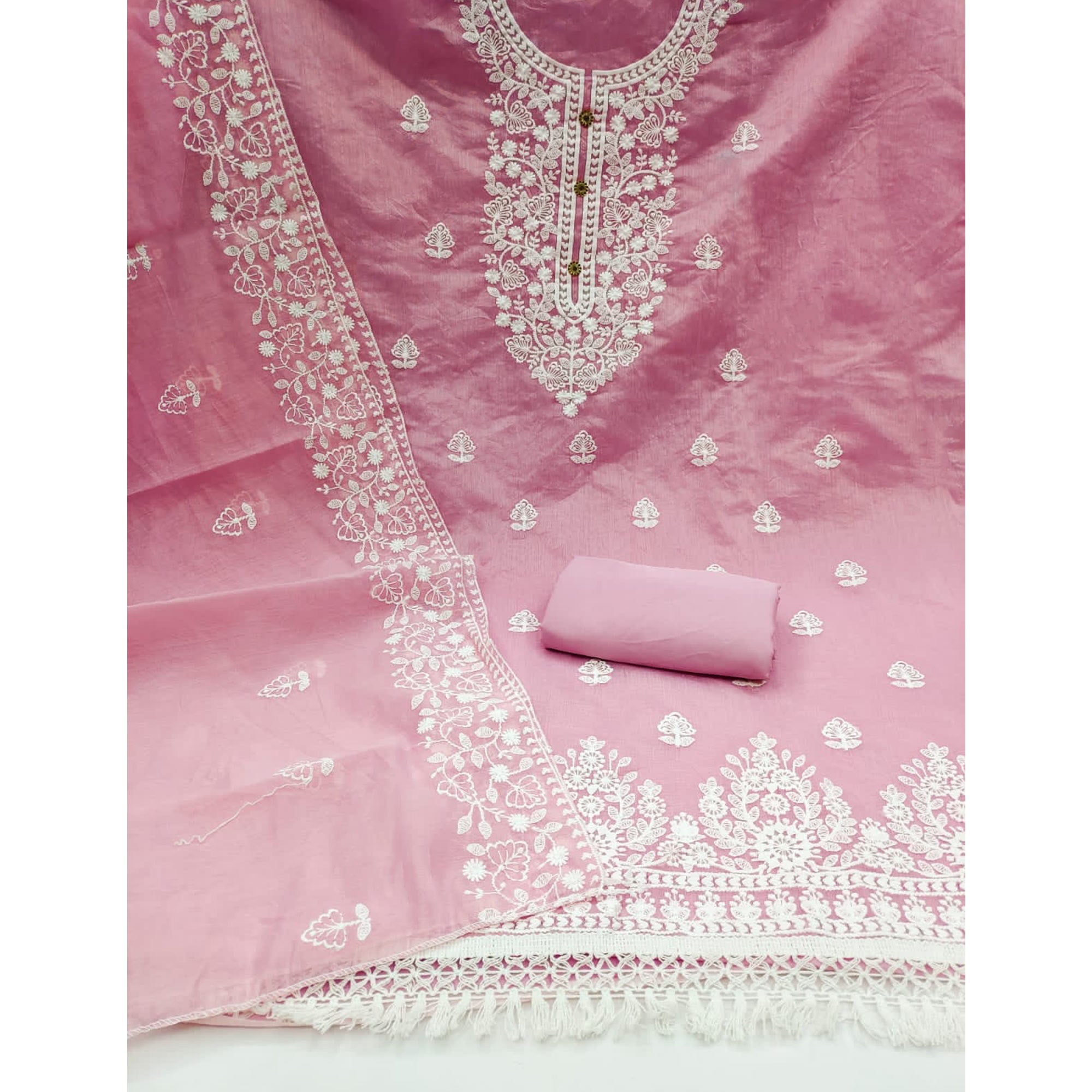 Pink Floral Embroidered Modal Dress Material