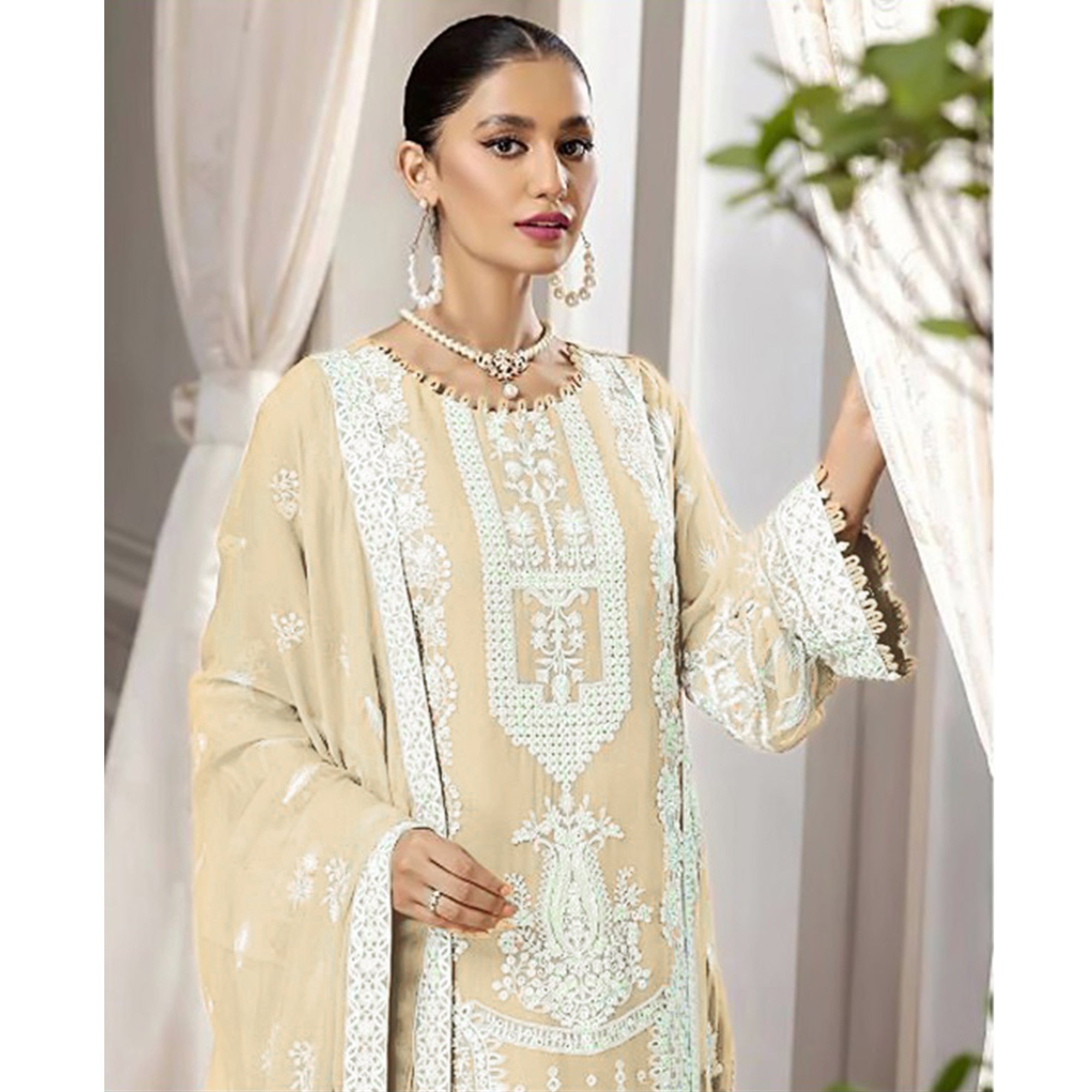 Cream Floral Embroidered Georgette Pakistani Suit