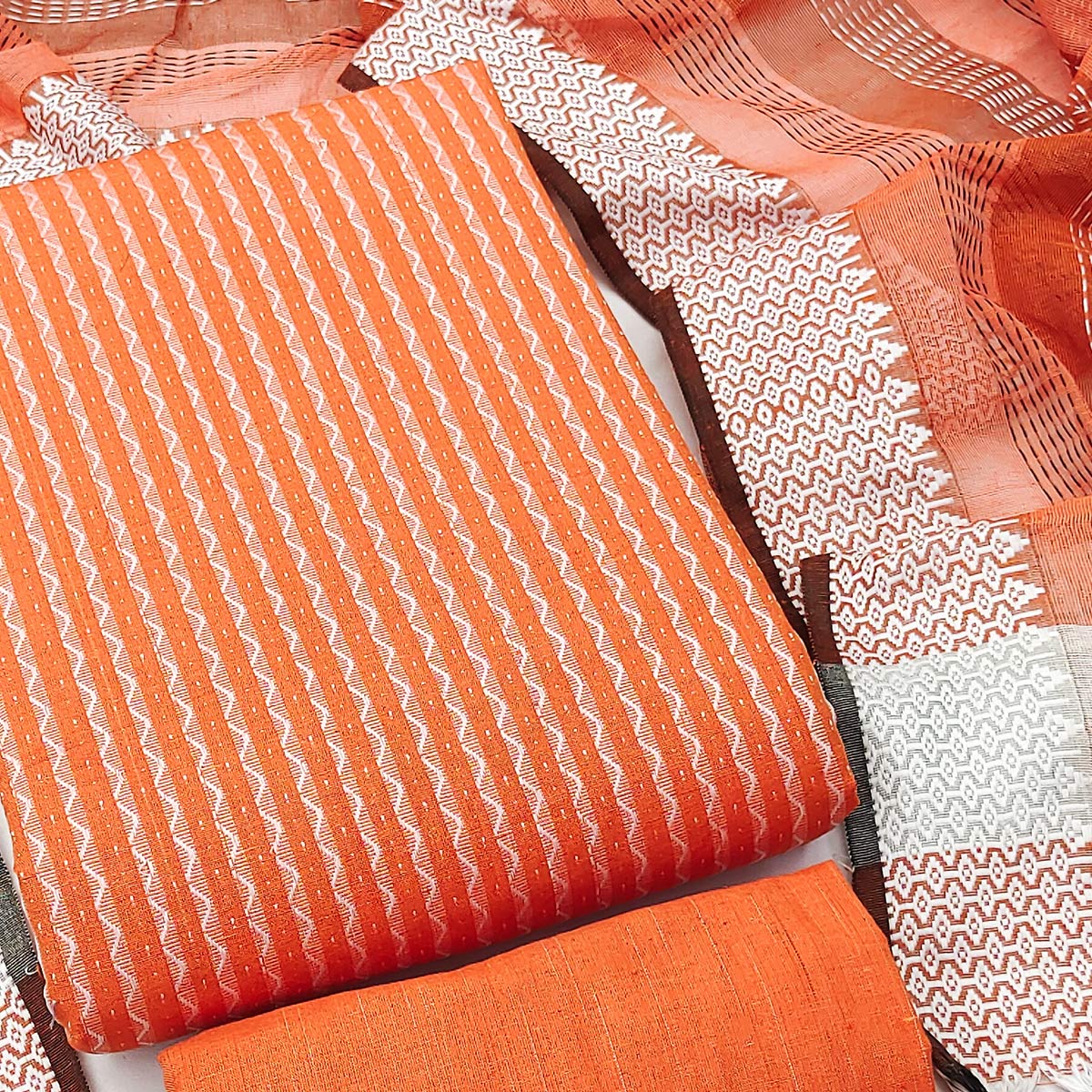 Orange Woven Cotton Blend Dress Material
