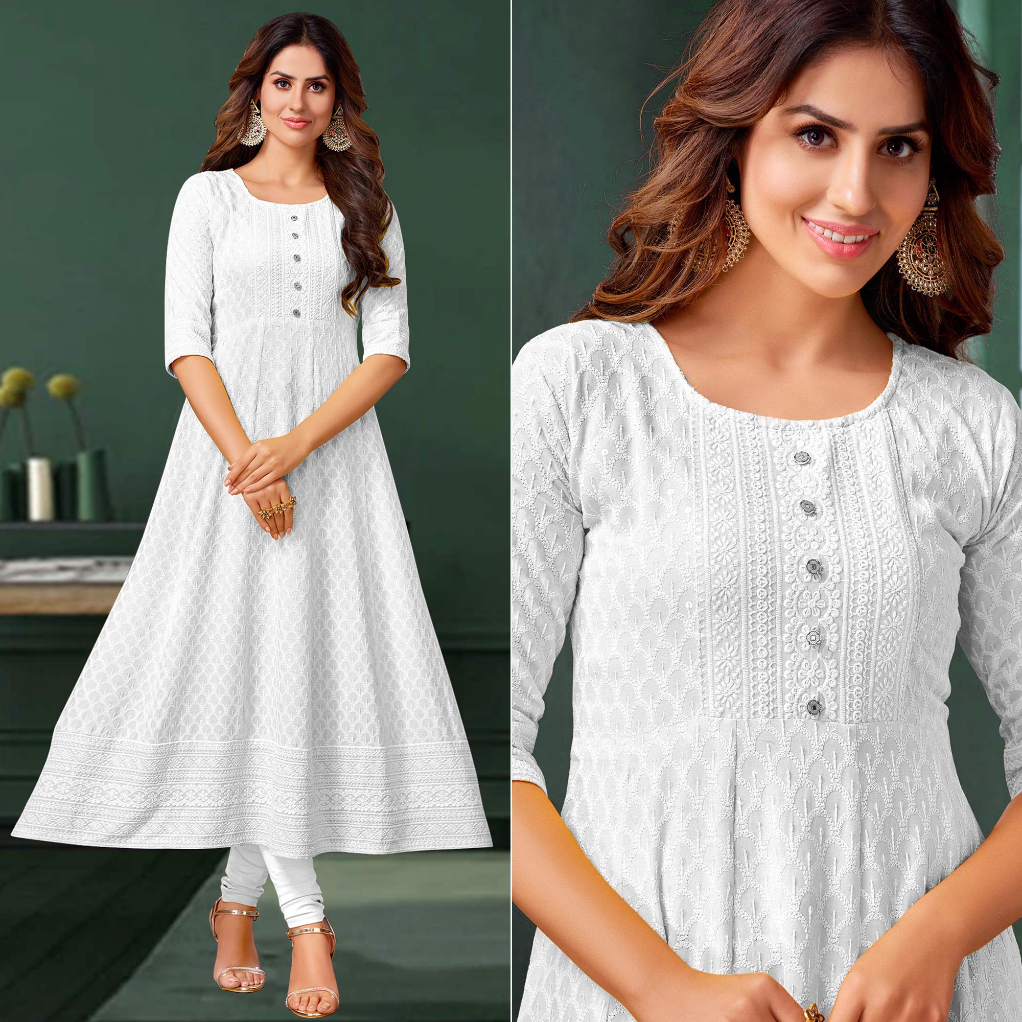 White Chikankari Work Aanarkali Style Rayon Kurti