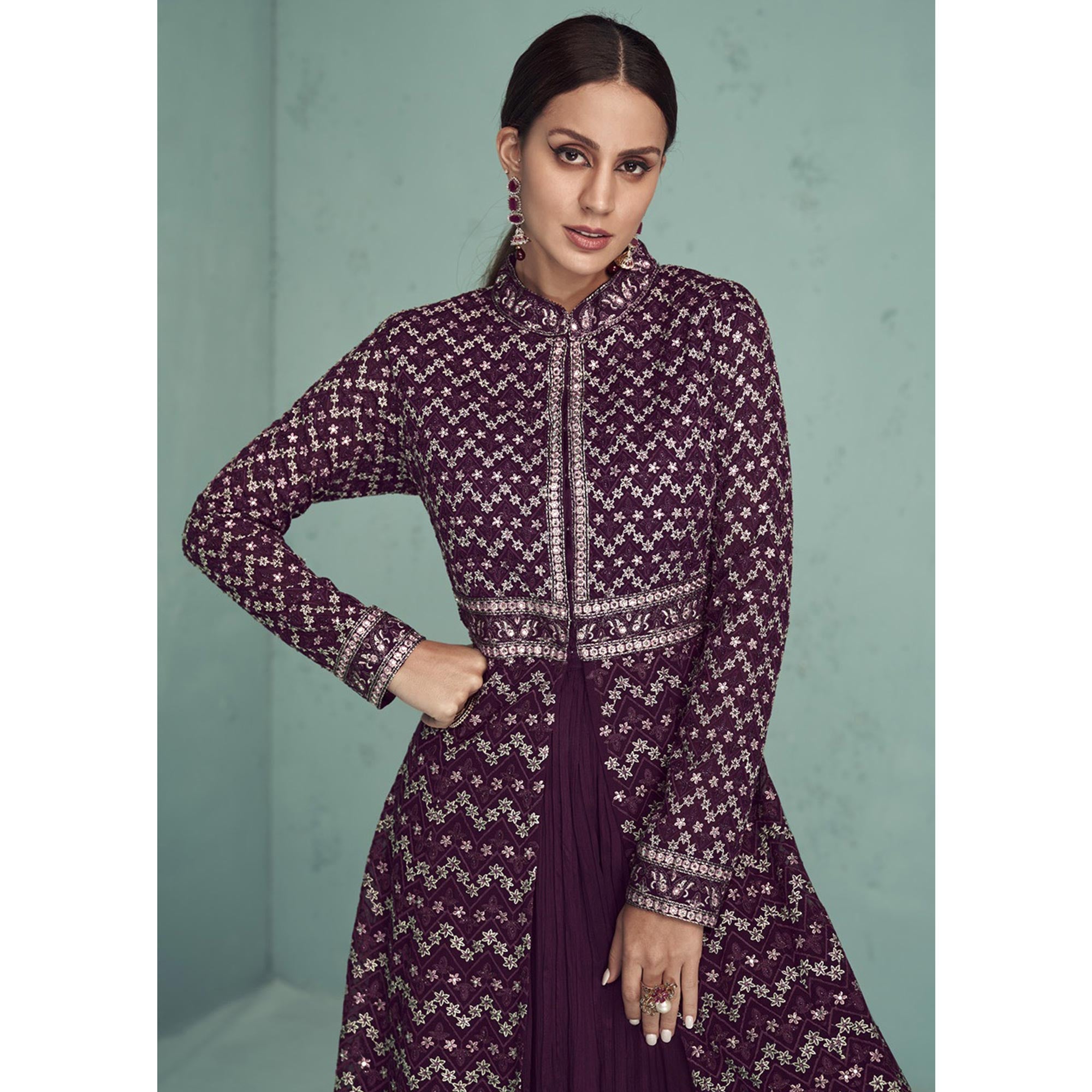 Purple Floral Embroidered Georgette Front Slit Suit