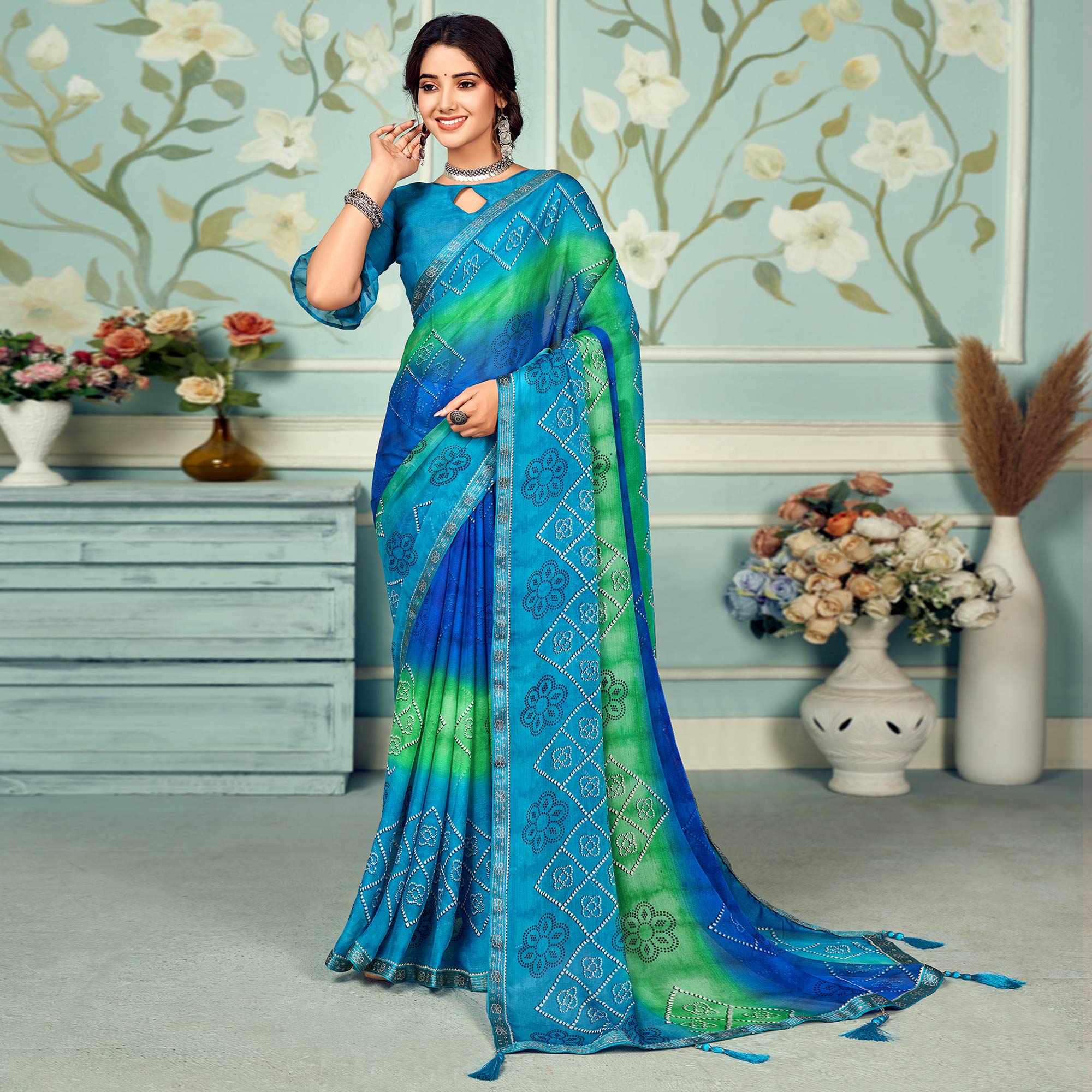 Firozi Blue Digital Bandhani Printed Chiffon Saree With Tassels