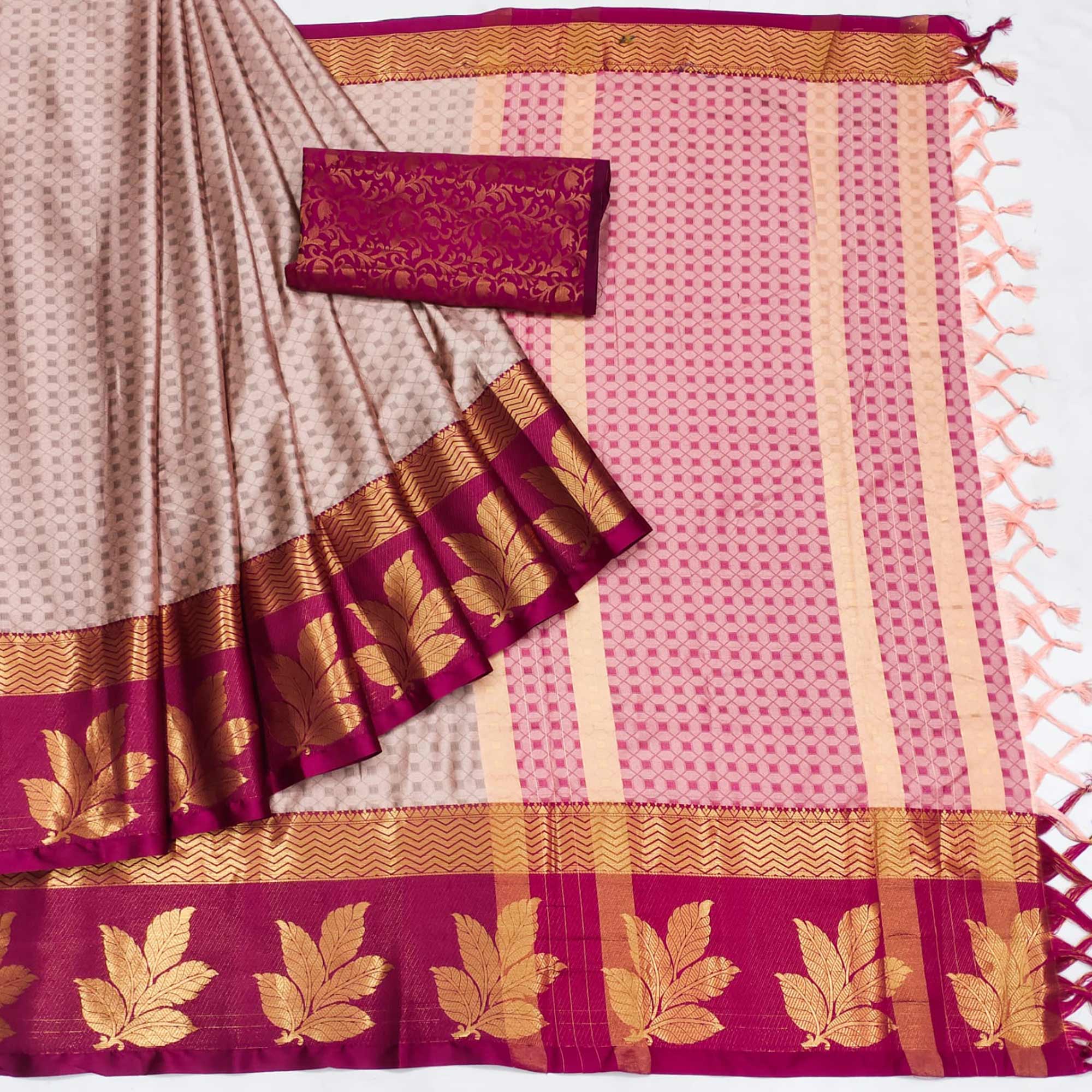Peach Woven Cotton Silk Saree With Tassels