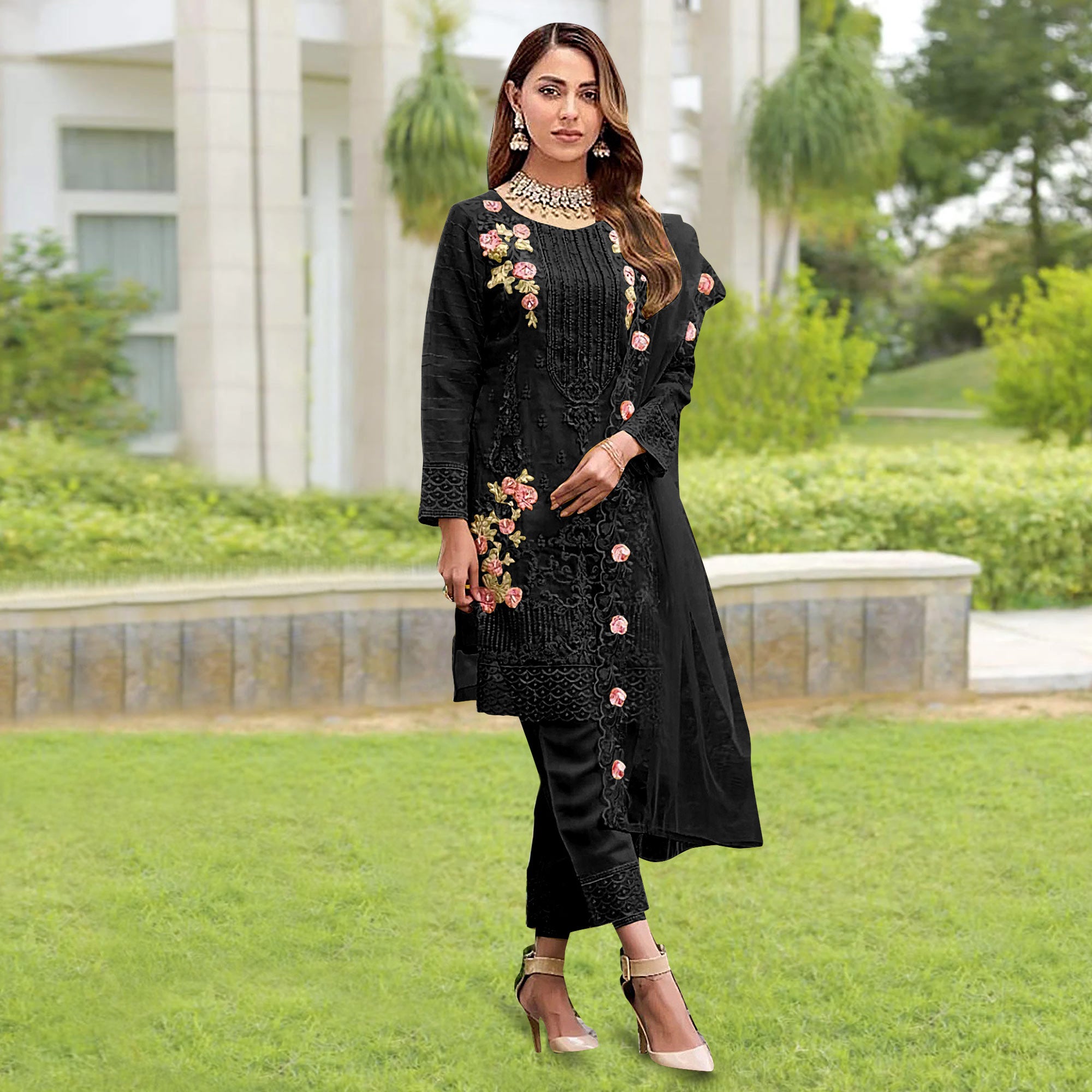 Black Floral Embroidered Organza Pakistani Suit