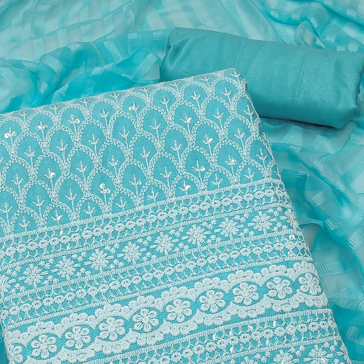 Blue Sequins Embroidered Cotton Blend Dress Material