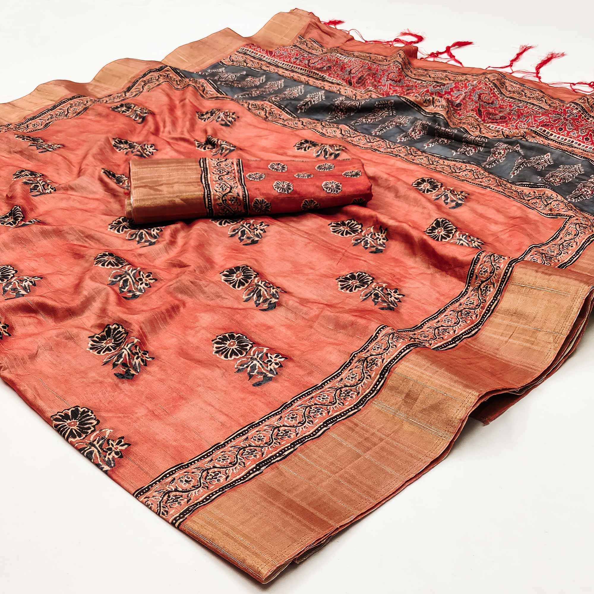 Orange Floral Printed Matka Tussar Saree With Tassels