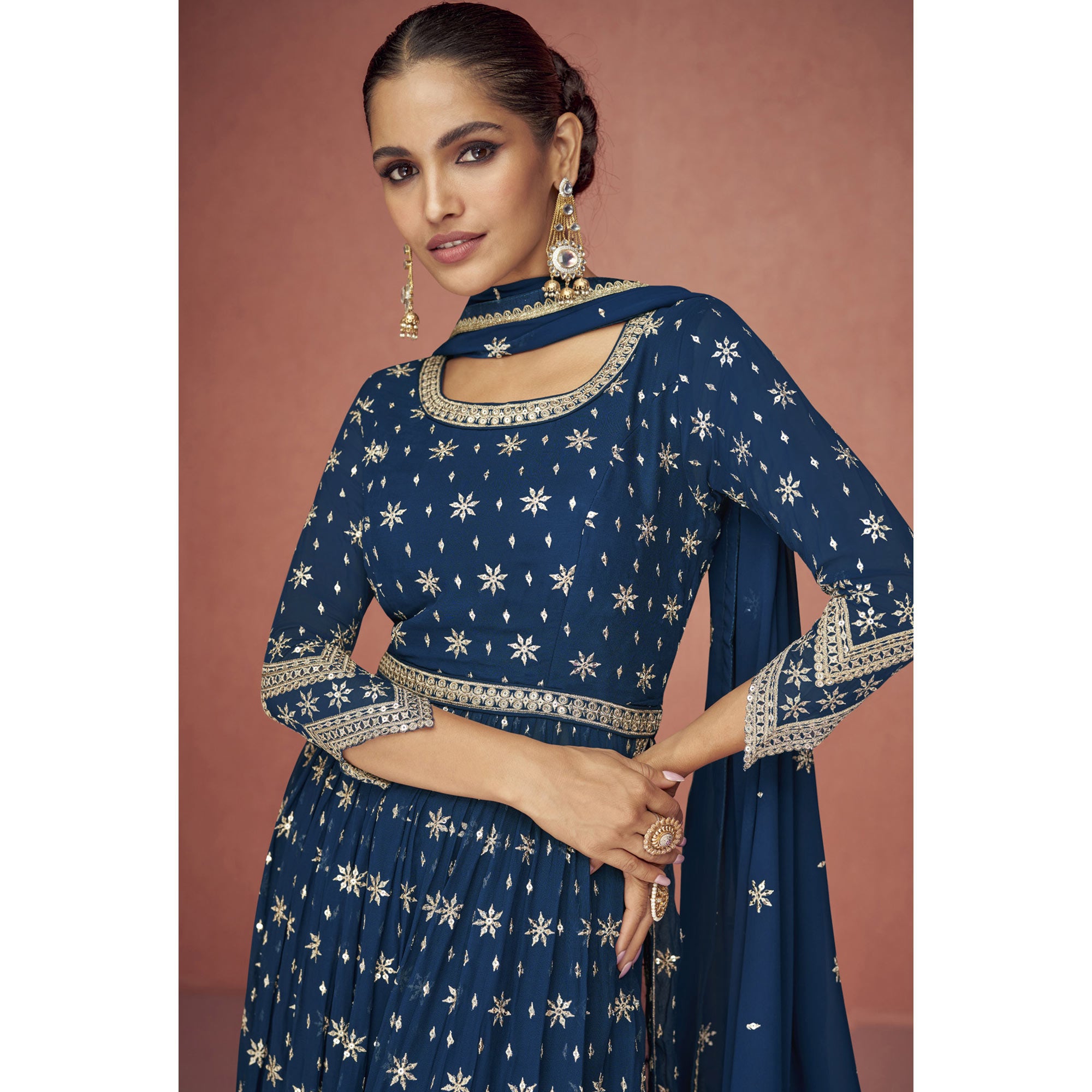 Blue Sequins Embroidered Georgette Semi Stitched Naira Cut Suit