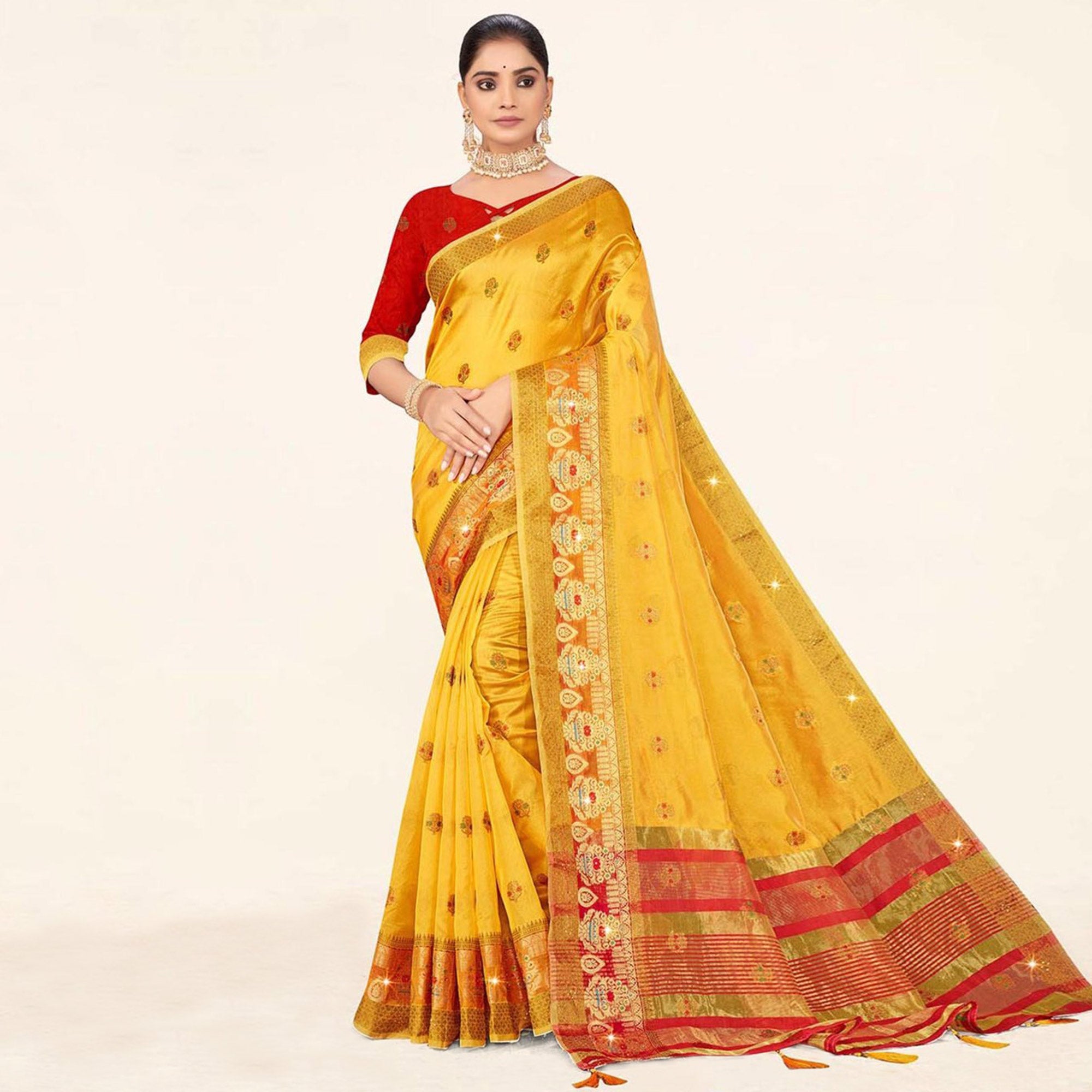 Yellow Woven Organza Saree With Tassels