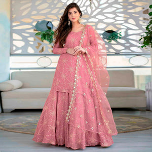 Pink Sequins Embroidered Georgette Semi Stitched Gharara Style Suit