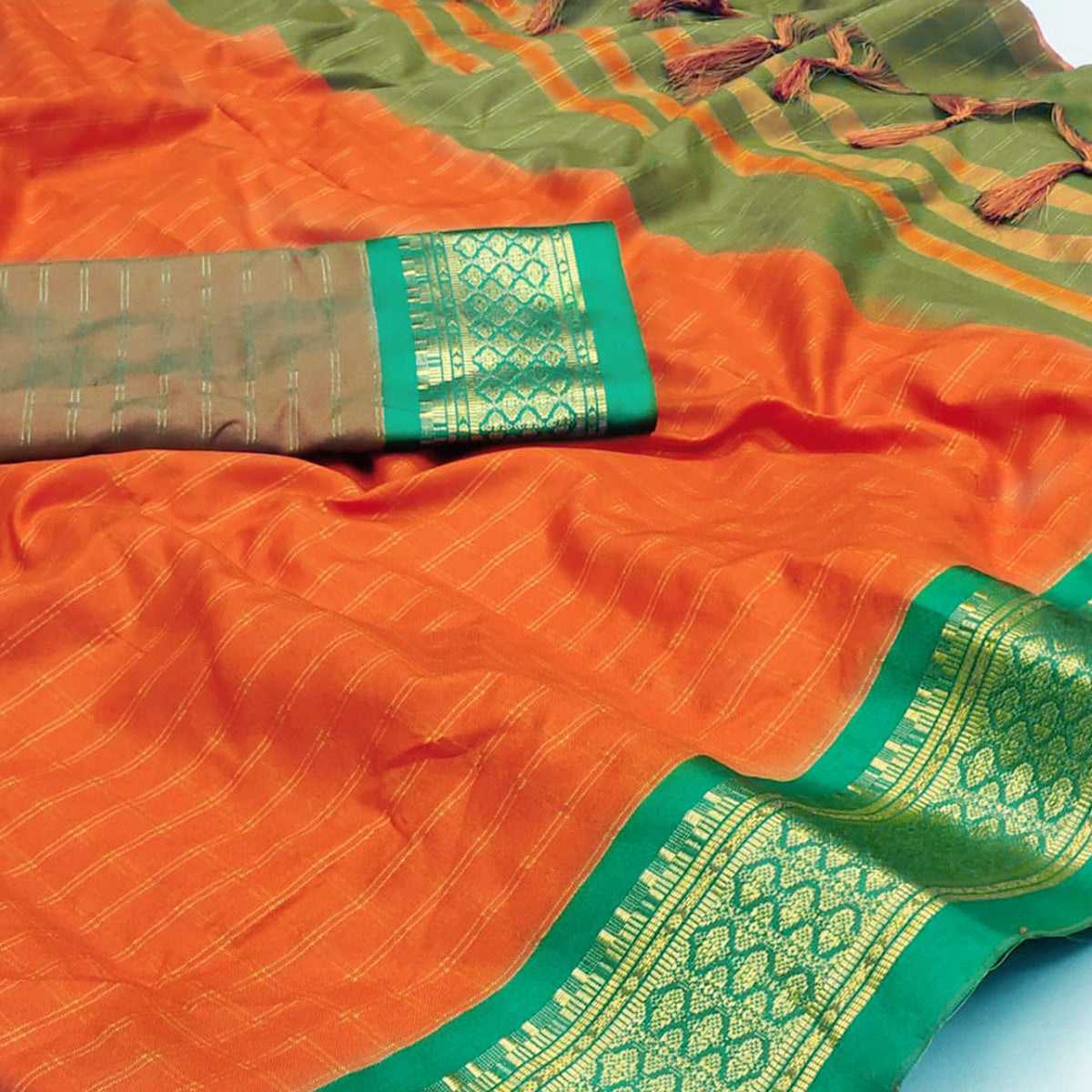 Orange Checks With Woven Border Cotton Silk Saree