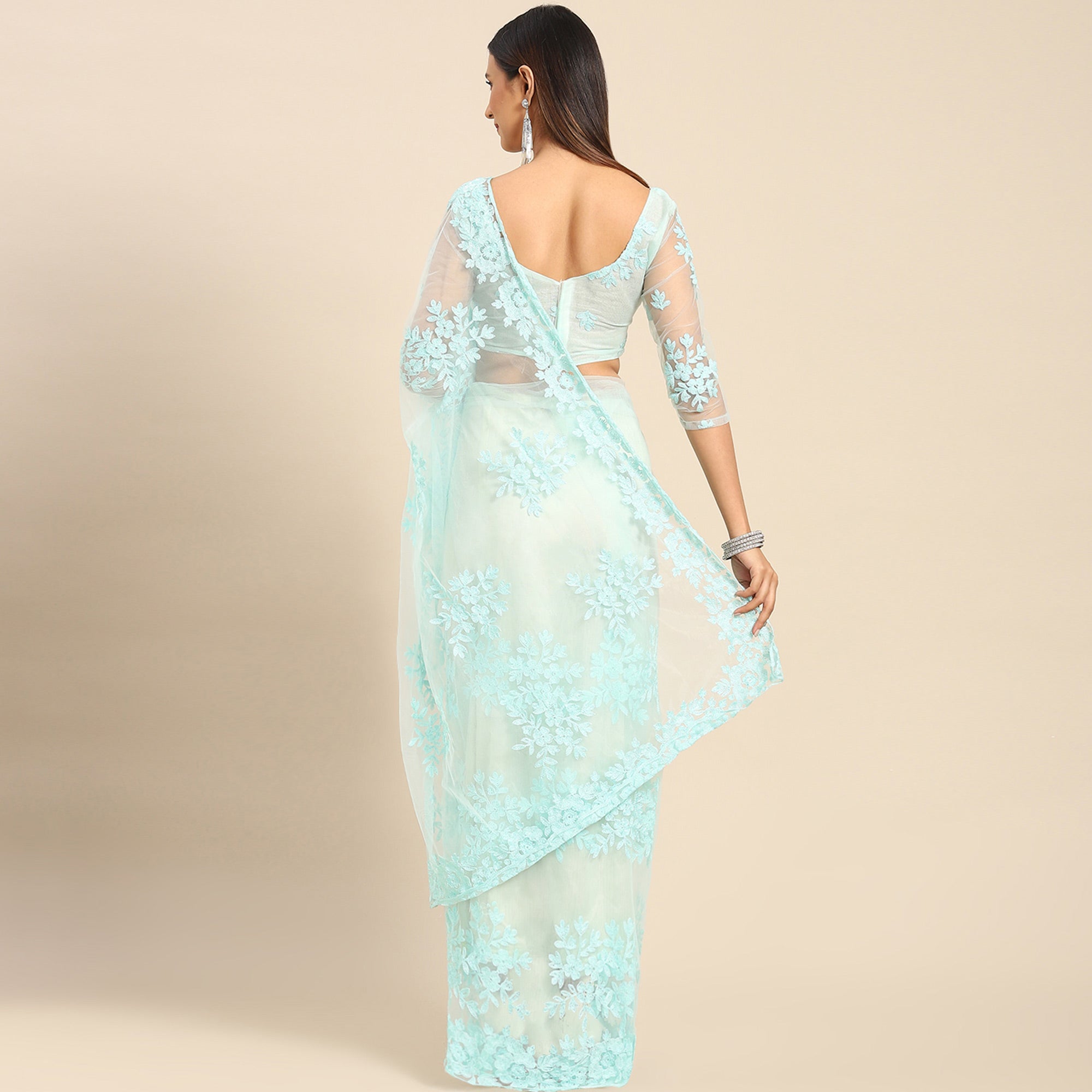 Turquoise Floral Embroidered Net Saree