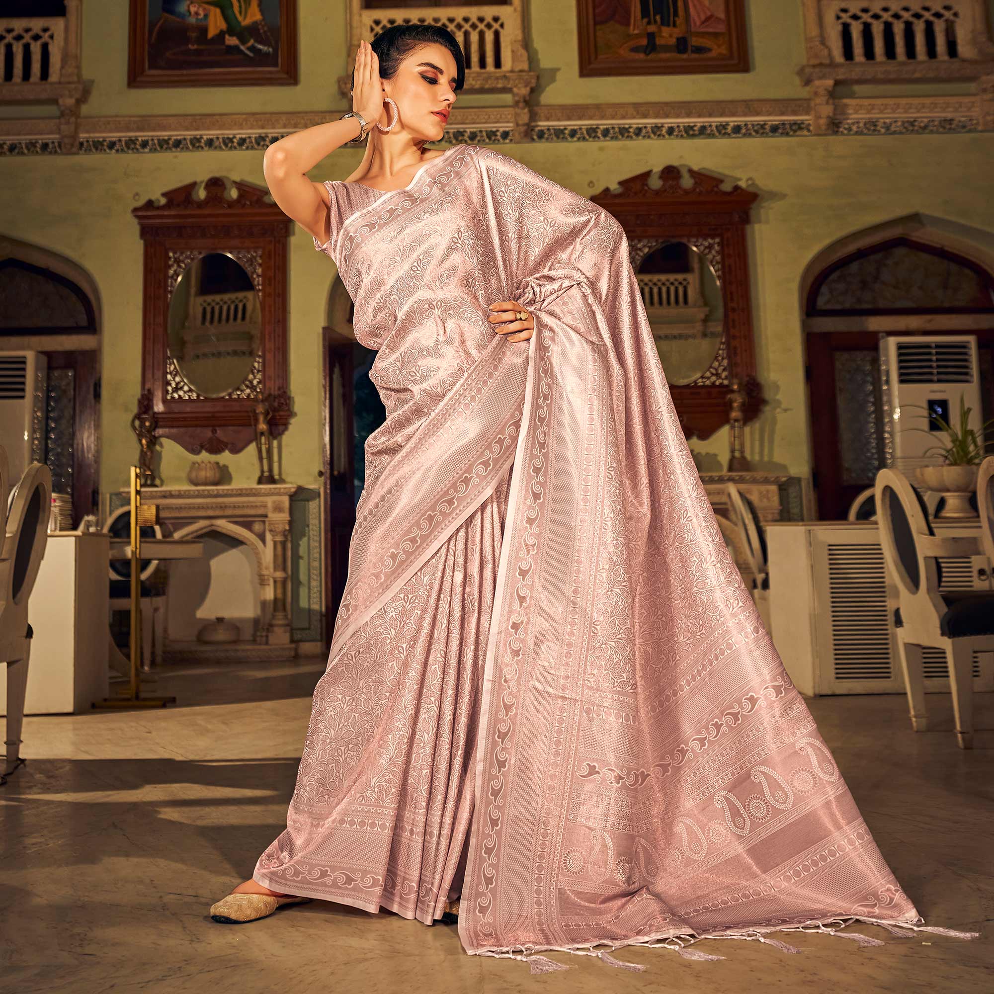 Pink Woven Kanjivaran Satin Saree