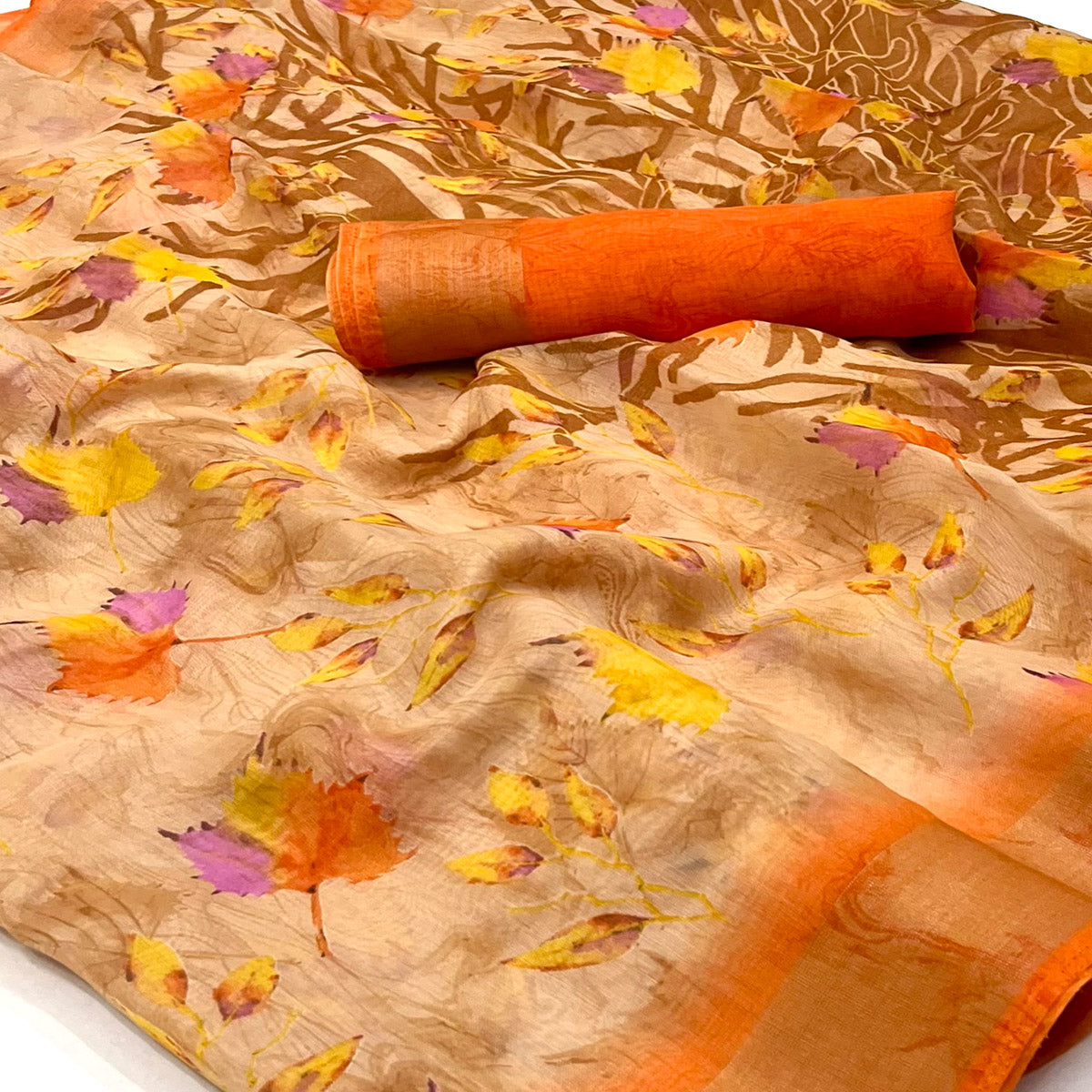 Beige Floral Printed Linen Saree