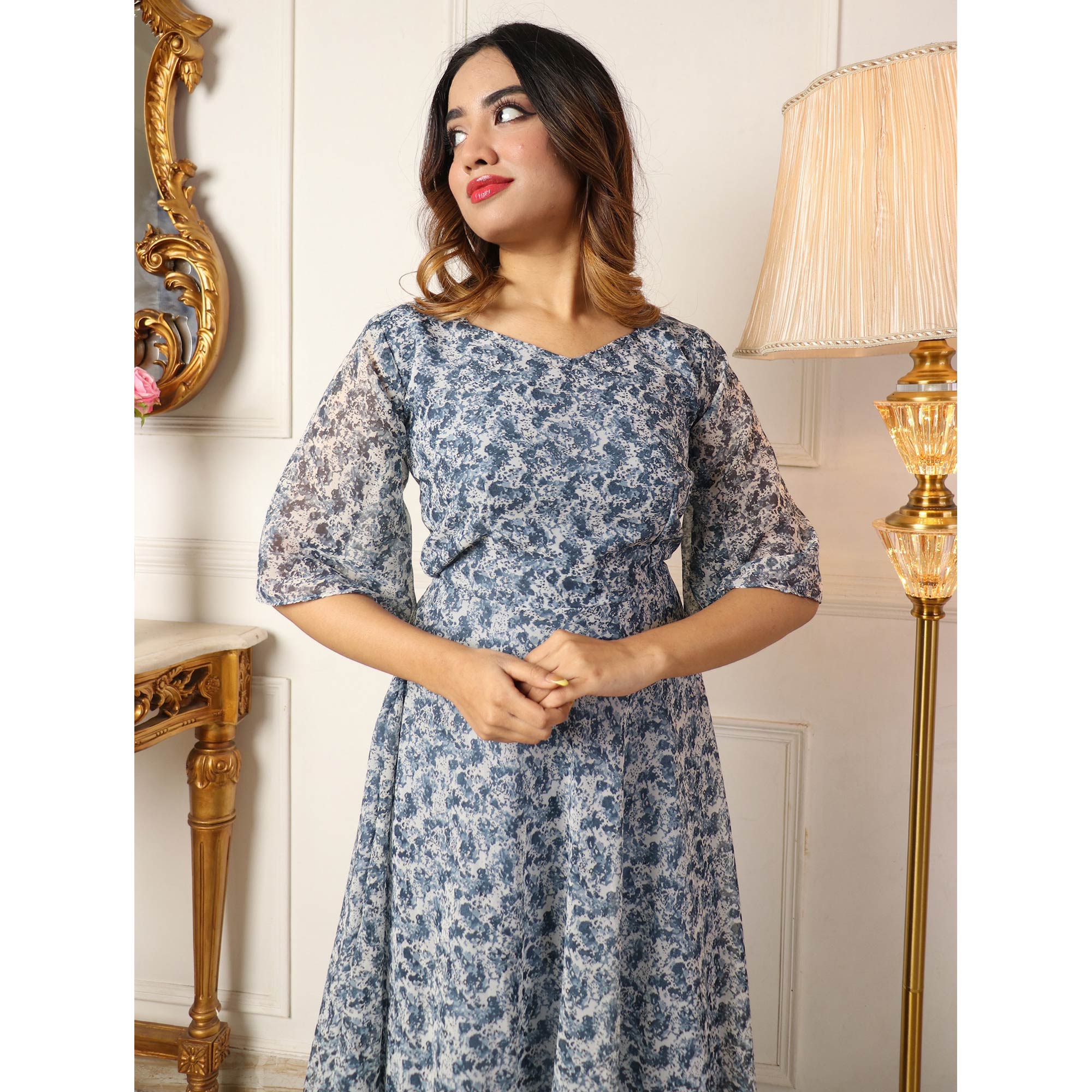 Grey Printed Georgette Dress