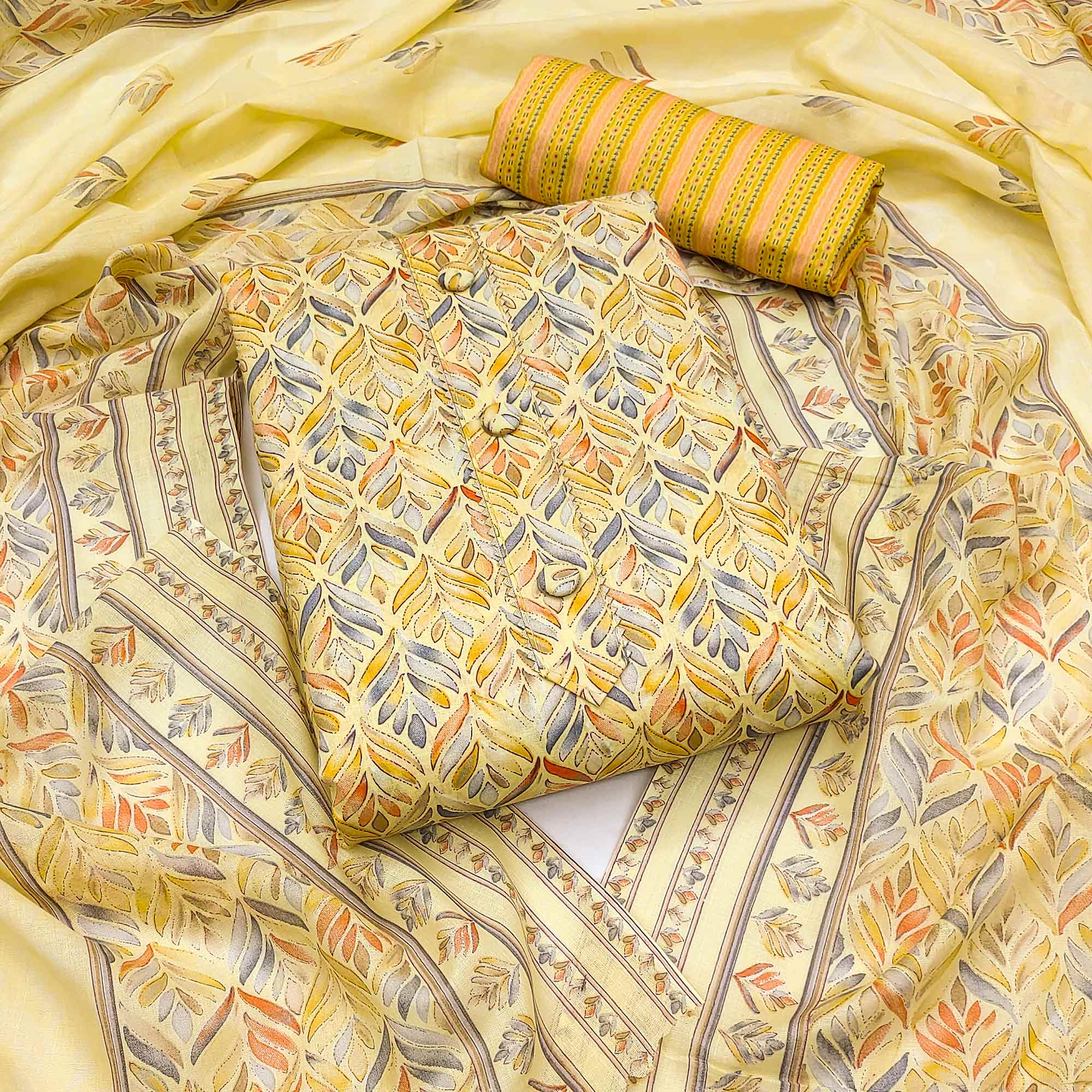Yellow Printed Cotton Blend Dress Material