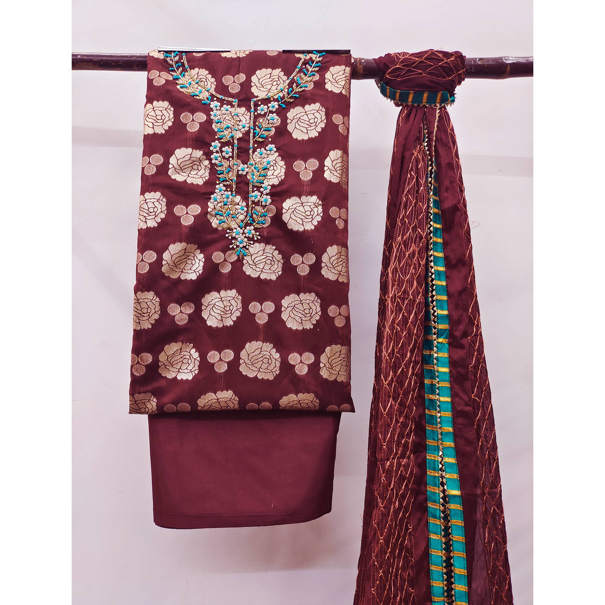 Maroon Woven Banarasi Silk Dress Material