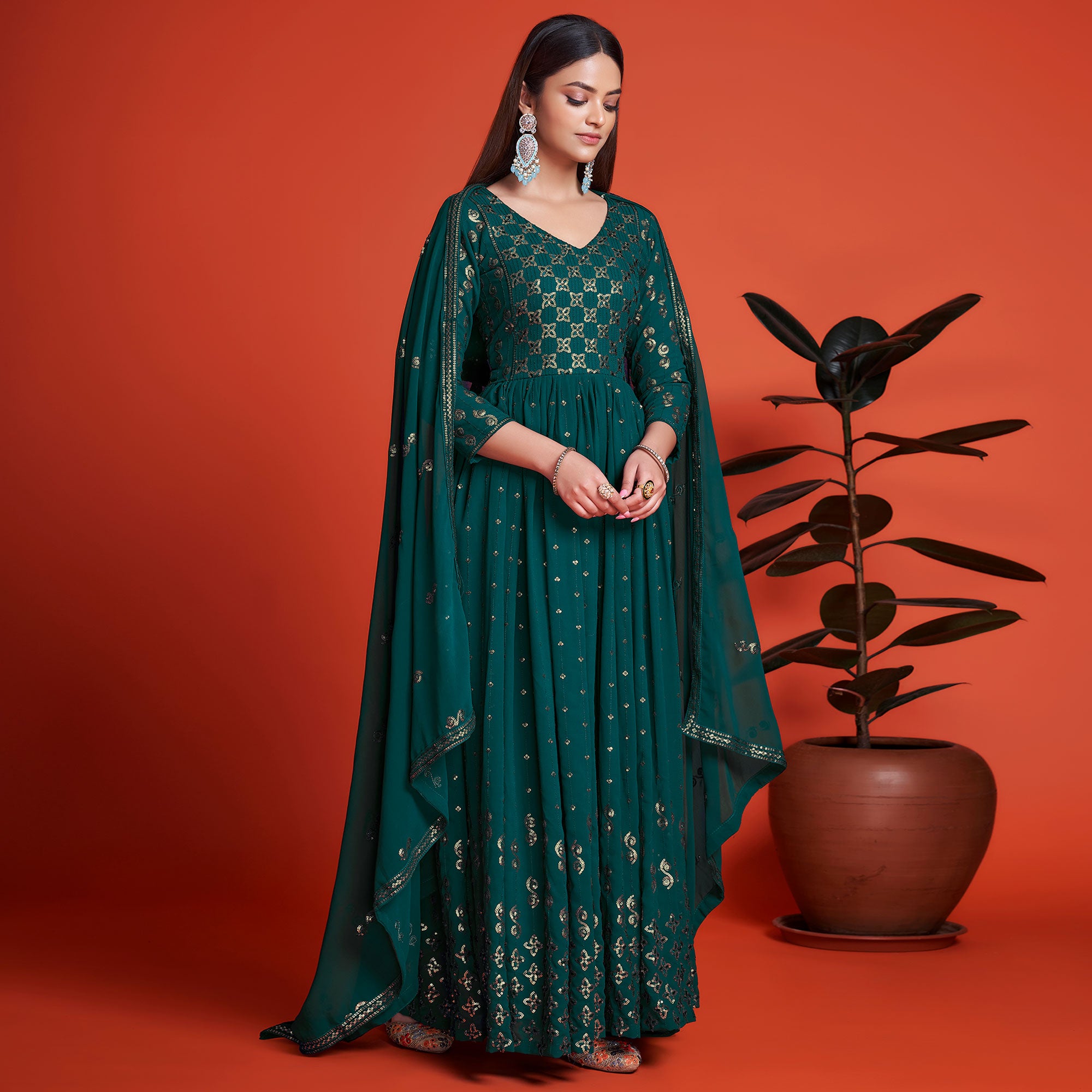 Teal Green Sequins Embroidered Georgette Gown With Dupatta