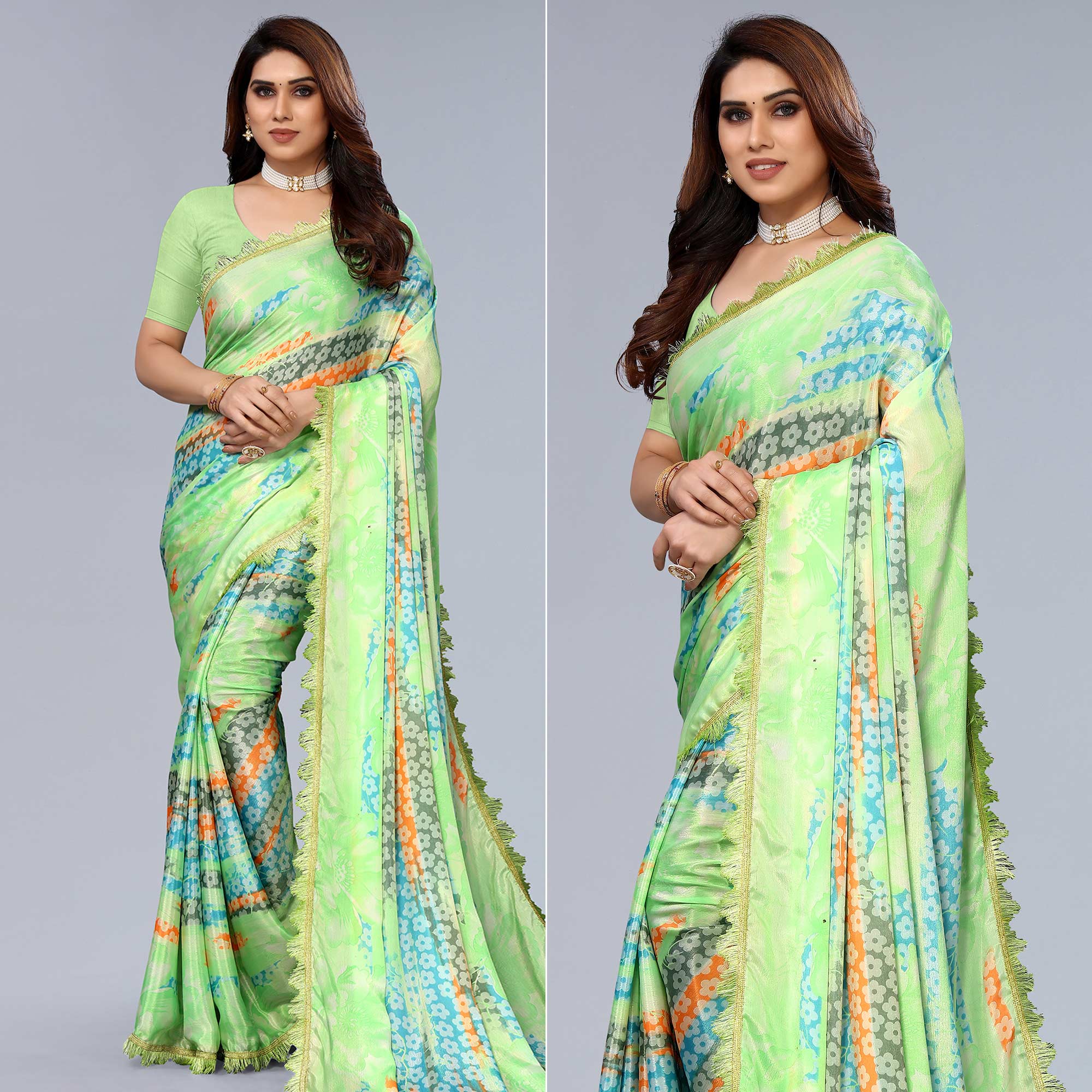 Parrot Green Floral Printed Art Silk Saree With Crochet Border