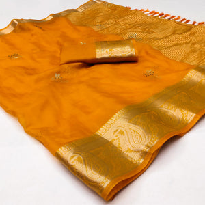 Yellow Floral Foil With Woven Border Organza Saree