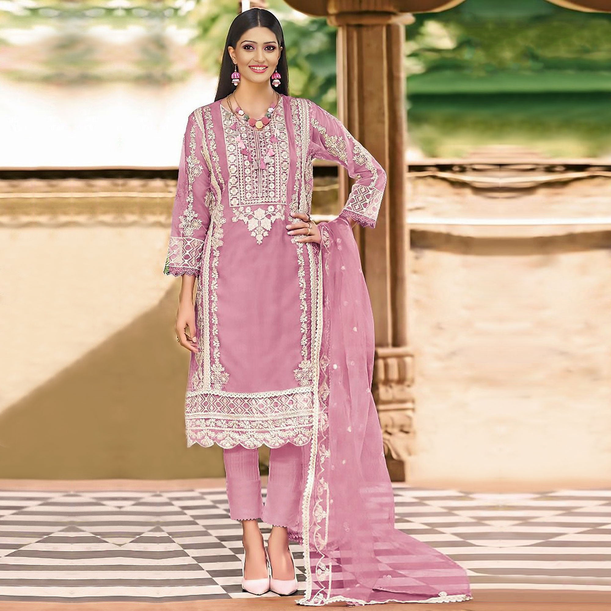 Pink Floral Embroidered Organza Pakistani Suit