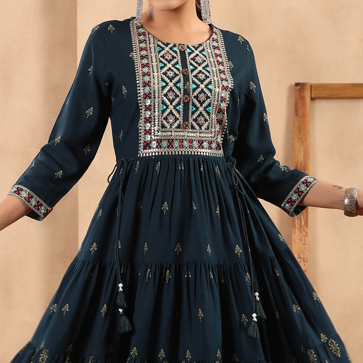 Navy Blue Printed With Embroidered Rayon Gown