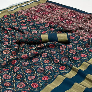Blue Digital Floral Printed Viscose Saree