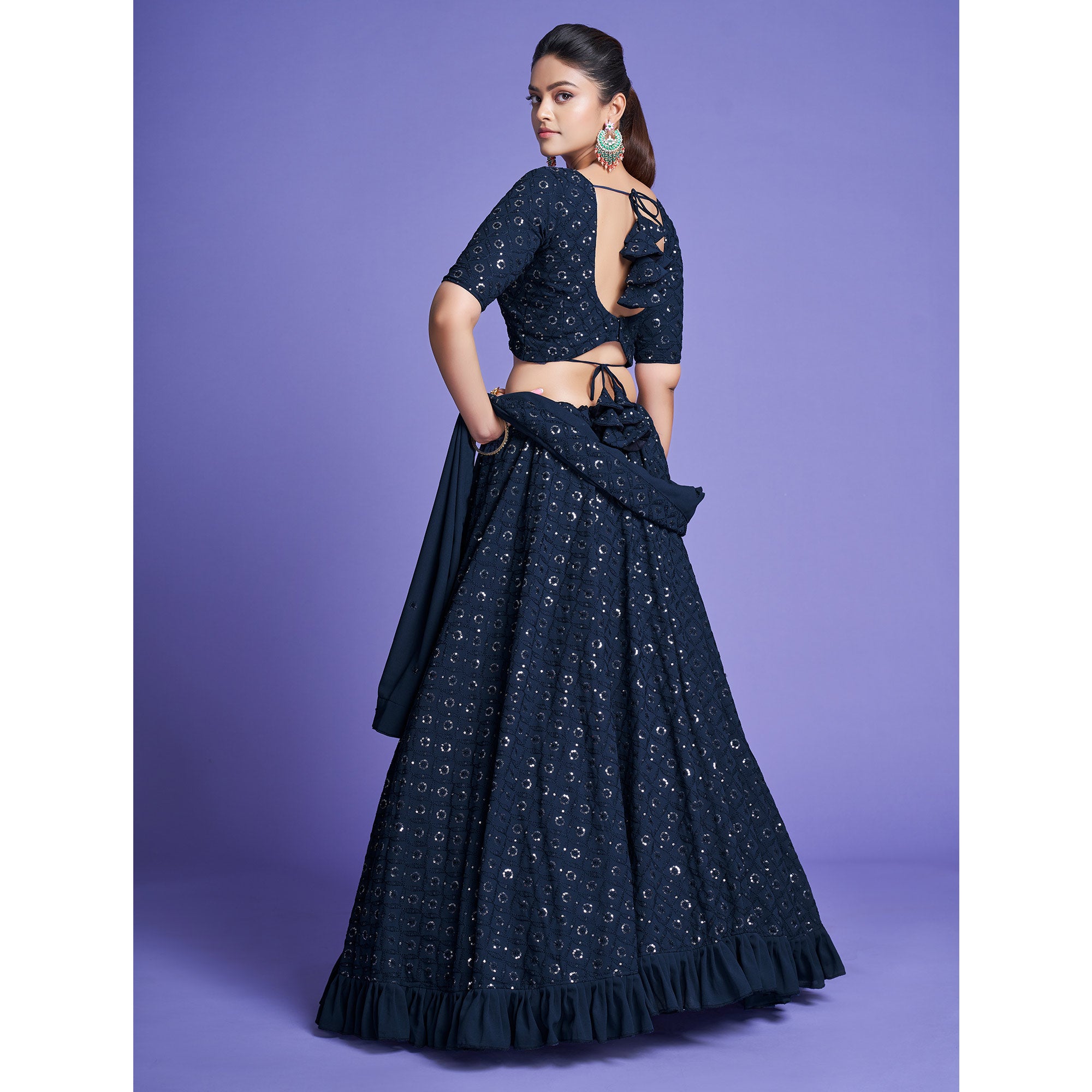 Teal Blue Sequins Embroidered Georgette Lehenga Choli