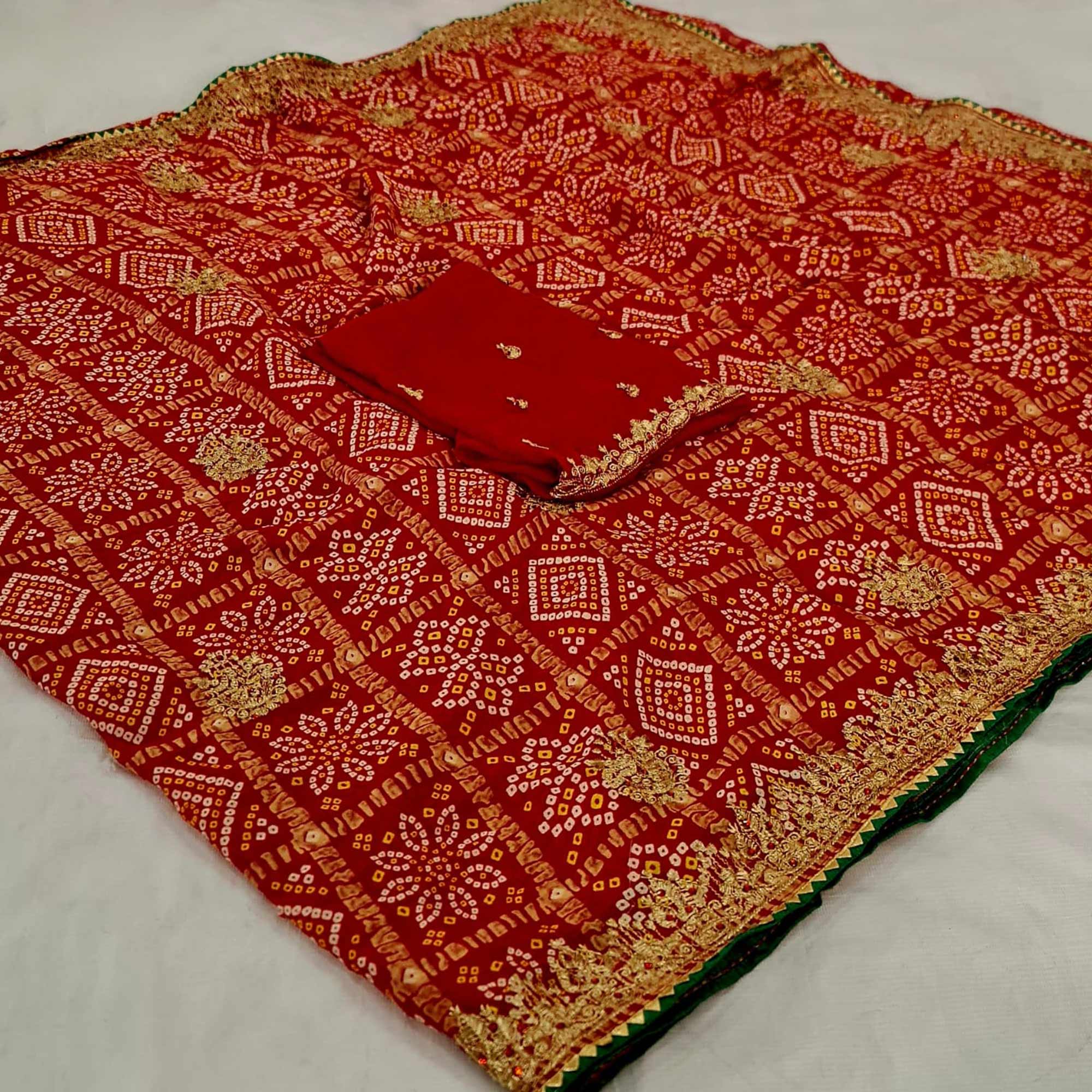 Red Bandhani Printed With Embroidered Georgette Saree