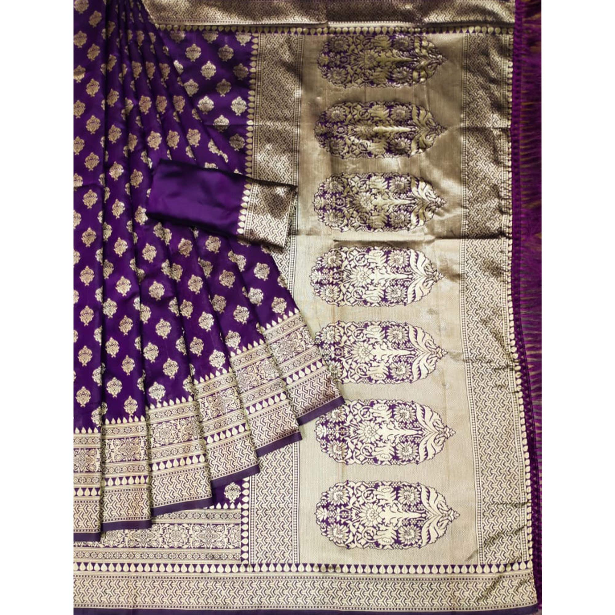 Purple Woven Jacquard Saree With Tassels