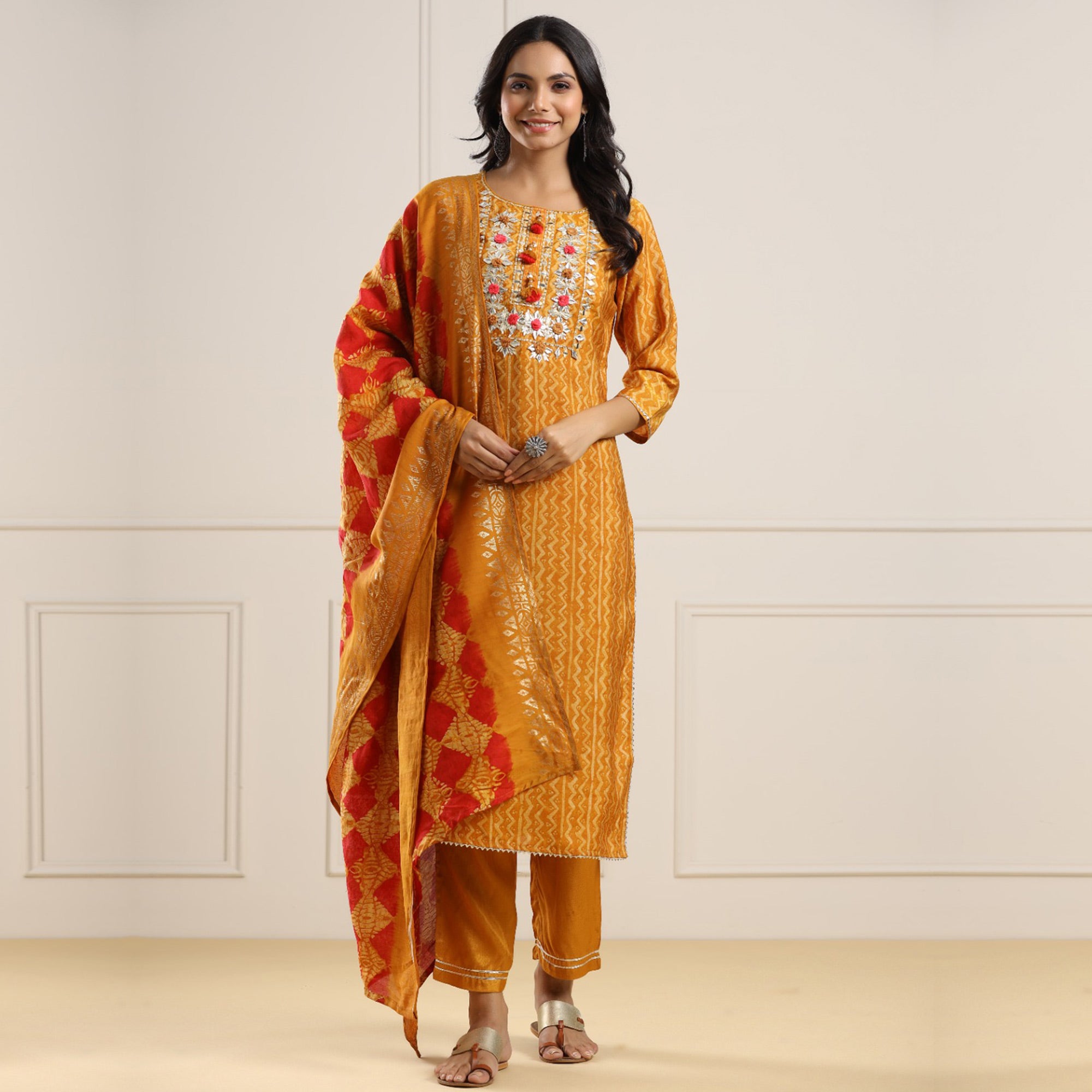 Mustard Printed With Gota Work Chanderi Salwar Suit