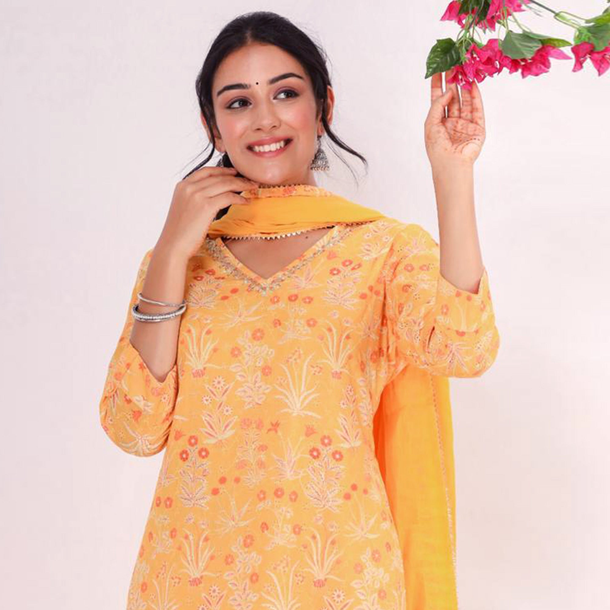 Yellow Floral Printed Pure Cotton Suit