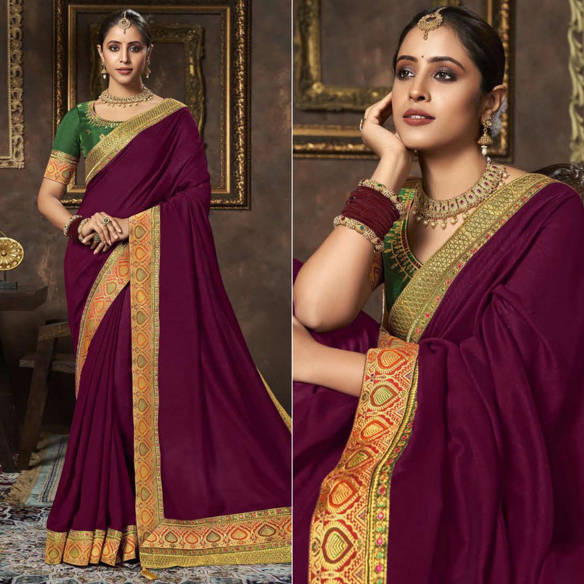 Purple Solid With Woven Border Vichitra Silk Saree