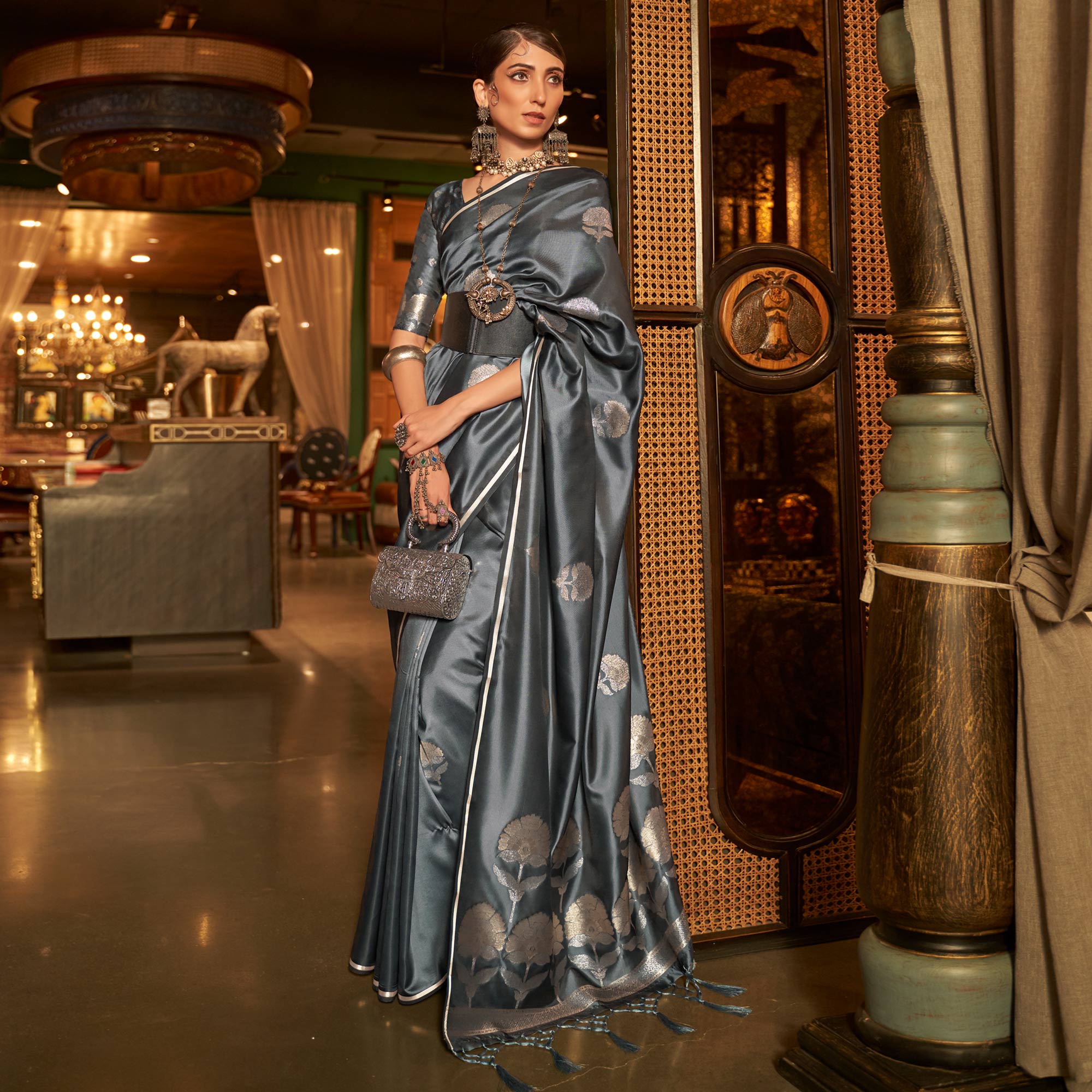 Grey Floral Woven Satin Saree With Tassels