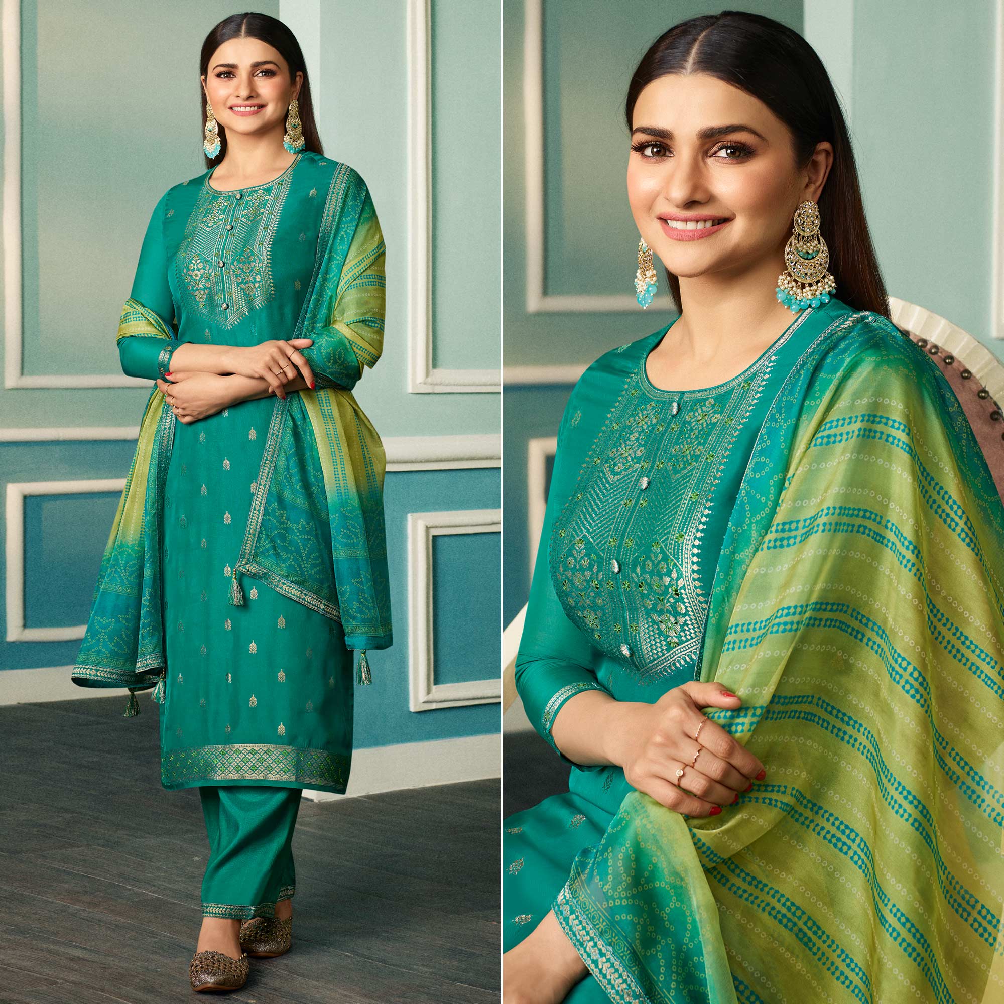 Rama Green Floral Woven Organza Salwar Suit