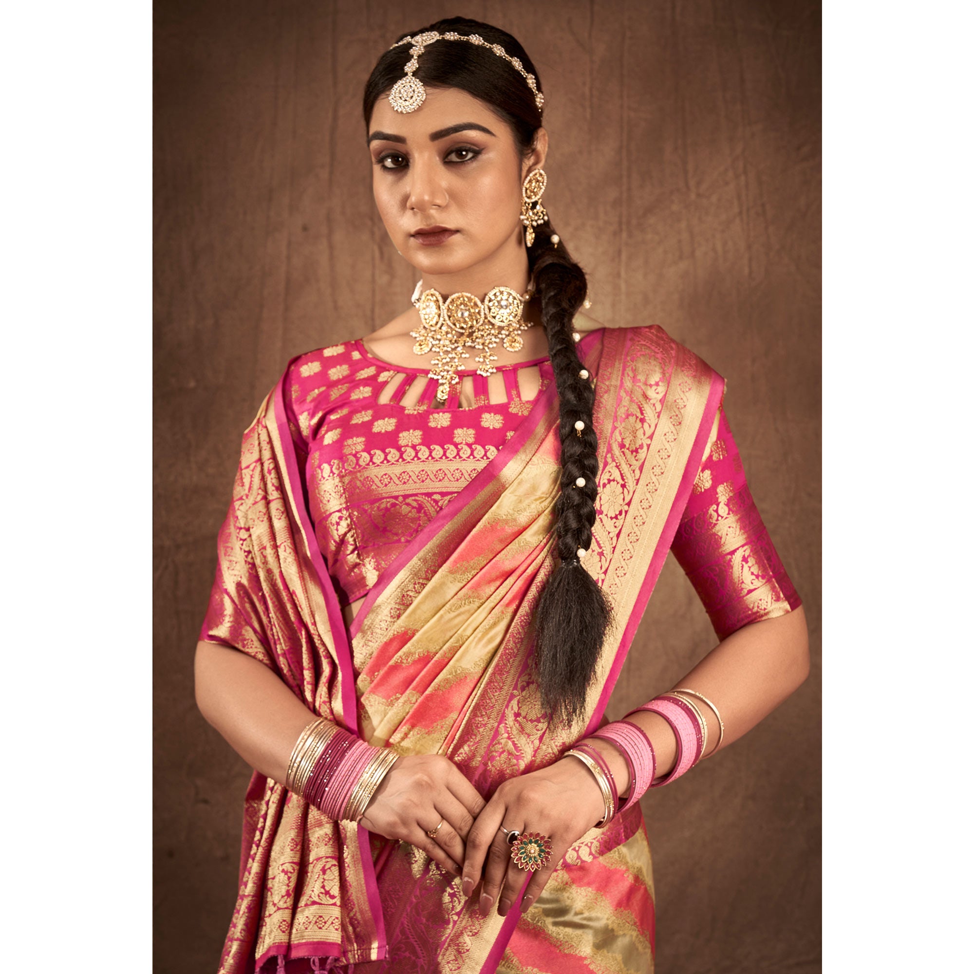 Pink & Chikoo Woven Art Silk Saree