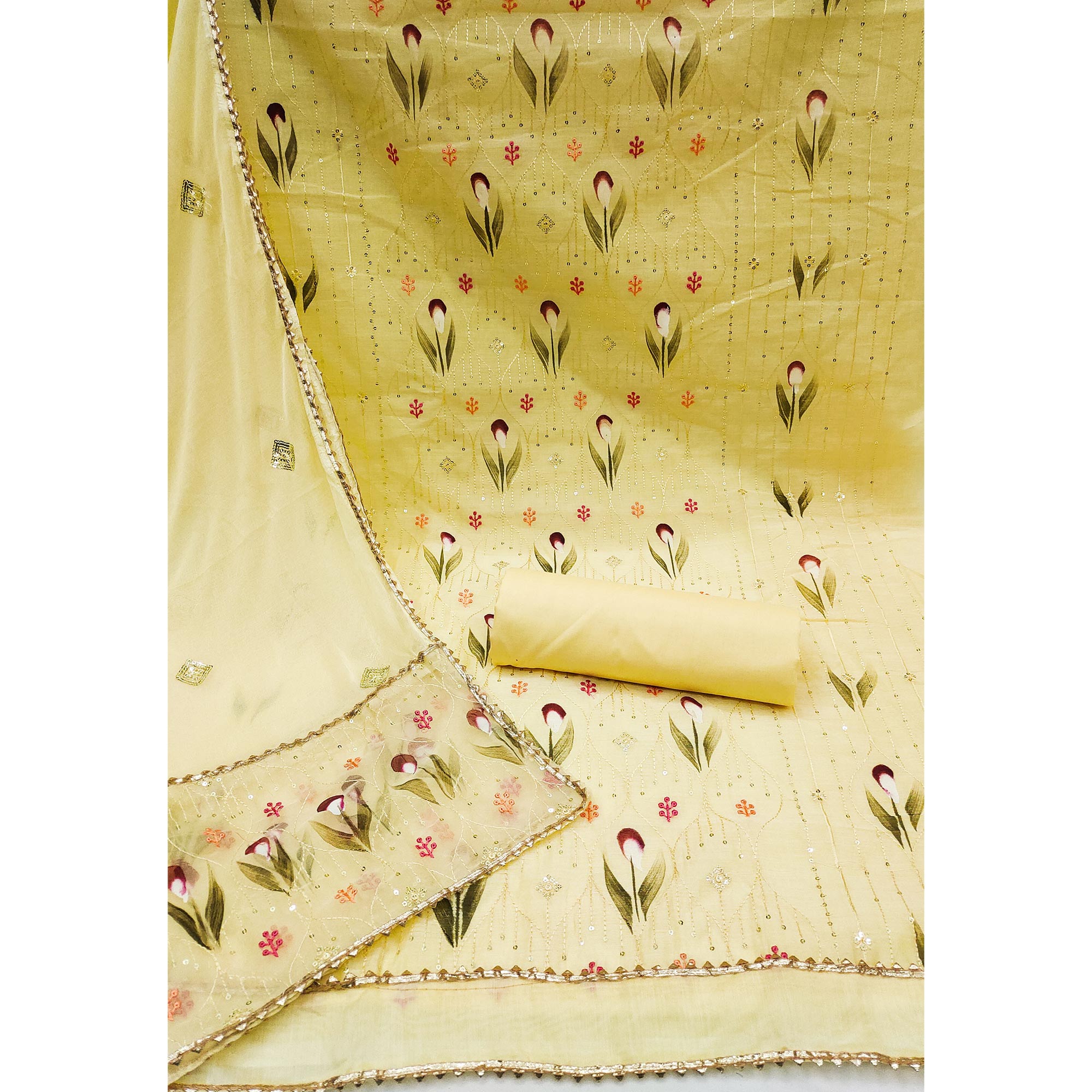 Yellow Sequins  Embroidered Chanderi Dress Material