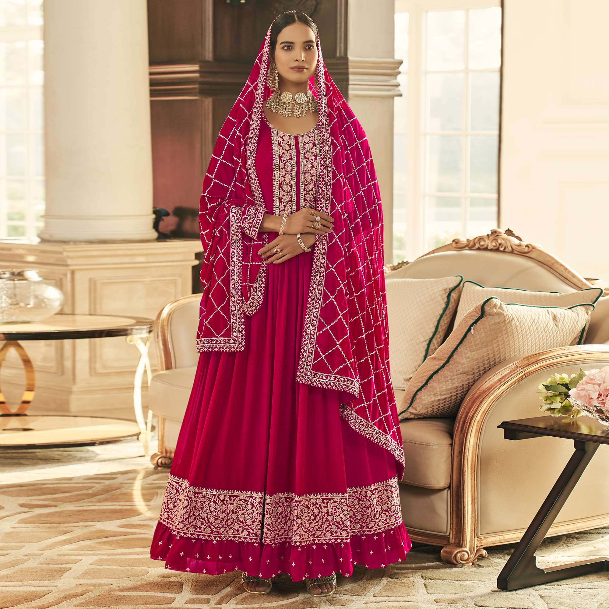 Rose Pink Embroidered Georgette Gown