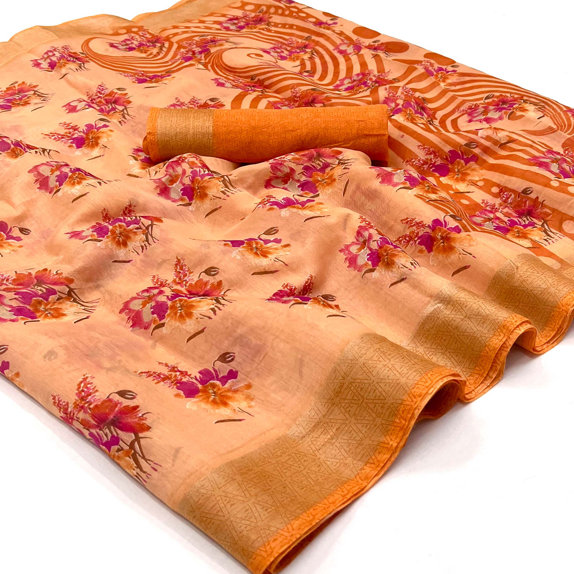 Peach Floral Printed Linen Saree