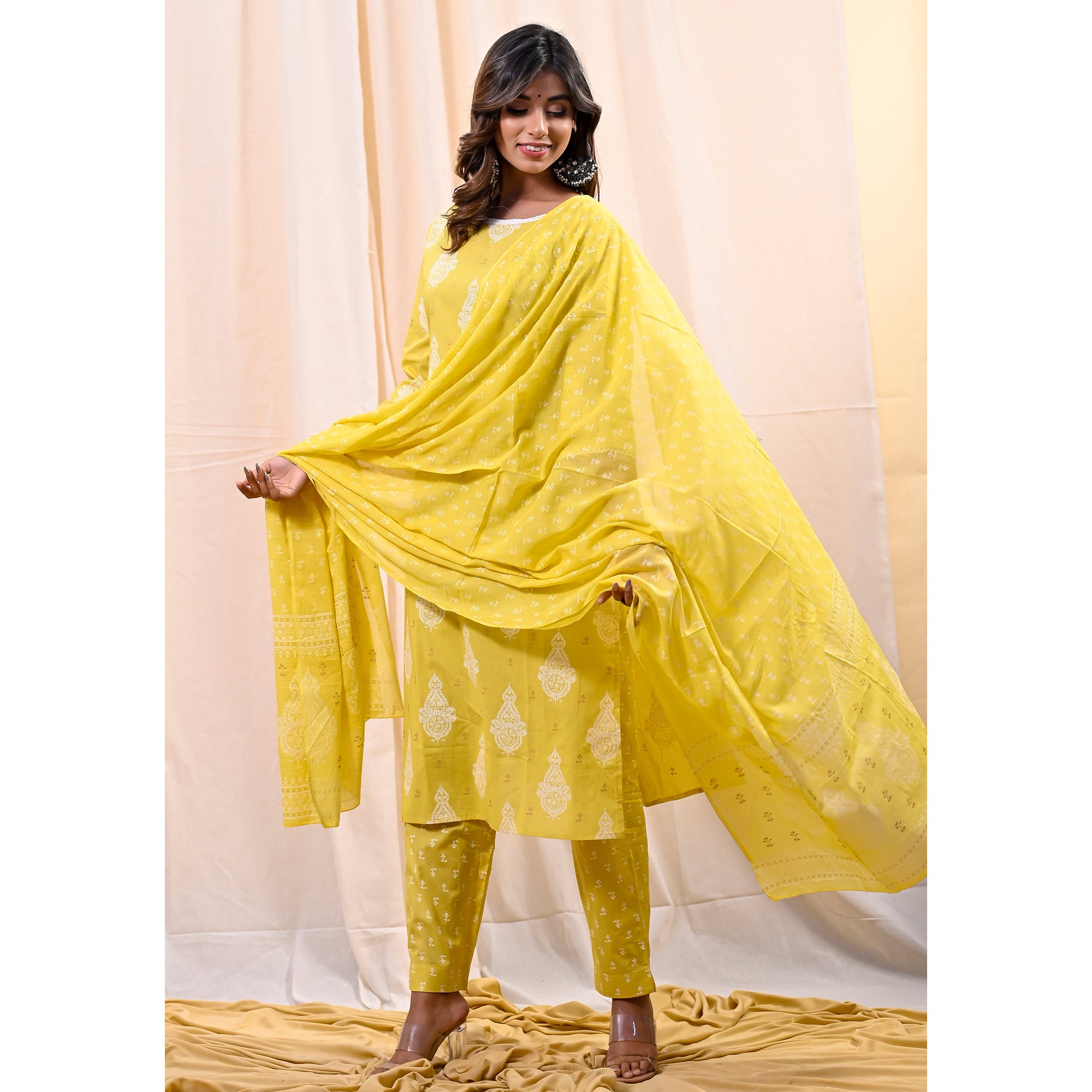 Yellow Printed Pure Cotton Salwar Suit