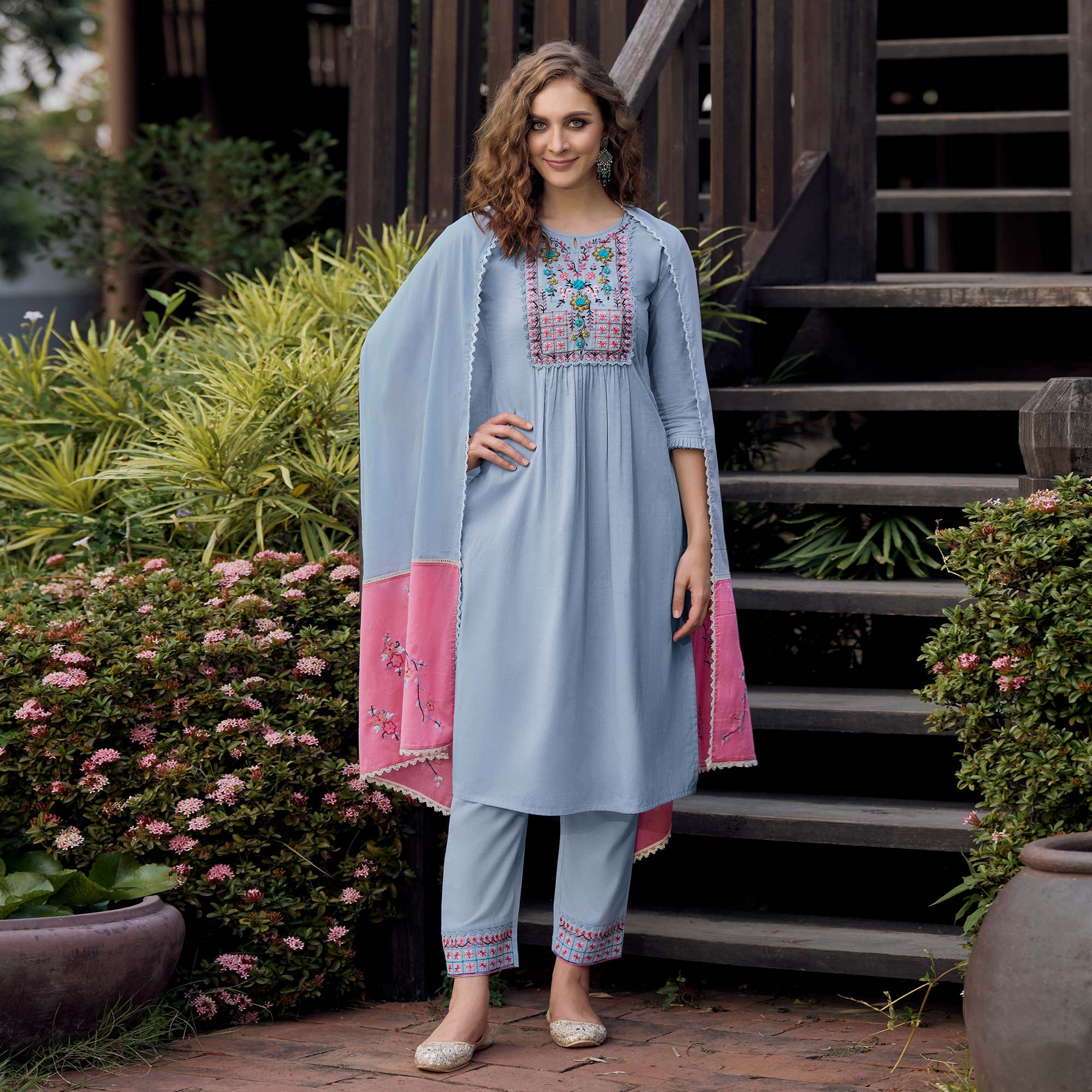 Blue Embroidered Pure Cotton Suit
