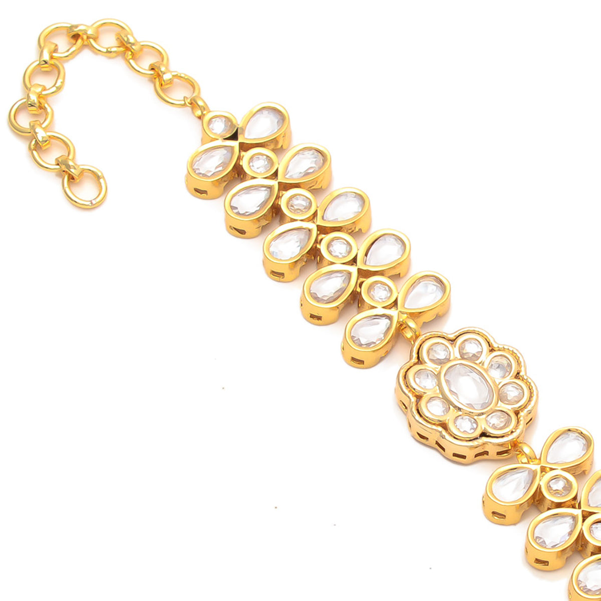 Gold Kundan Stone Long Chain Bracelet
