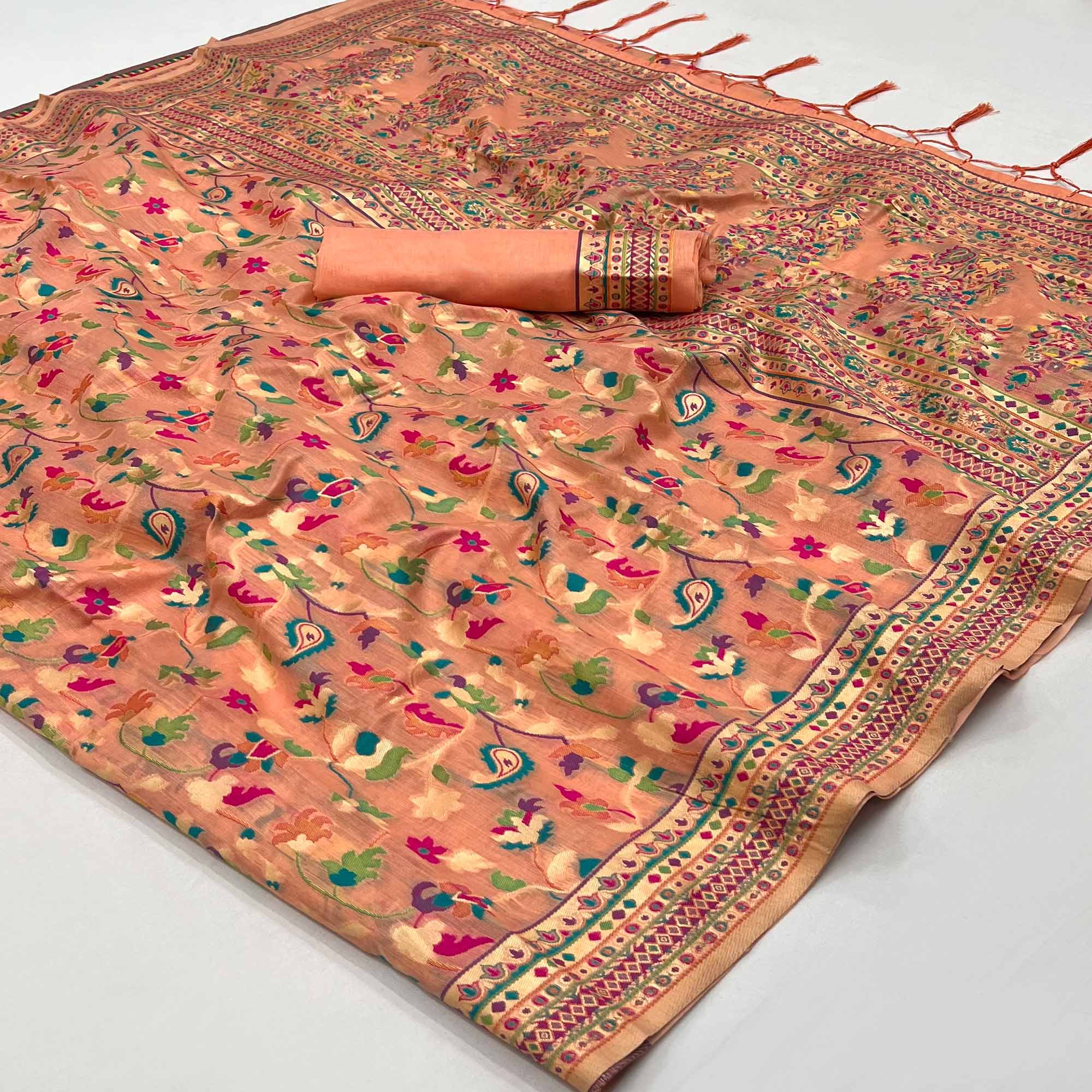 Peach Floral Woven Chanderi Saree