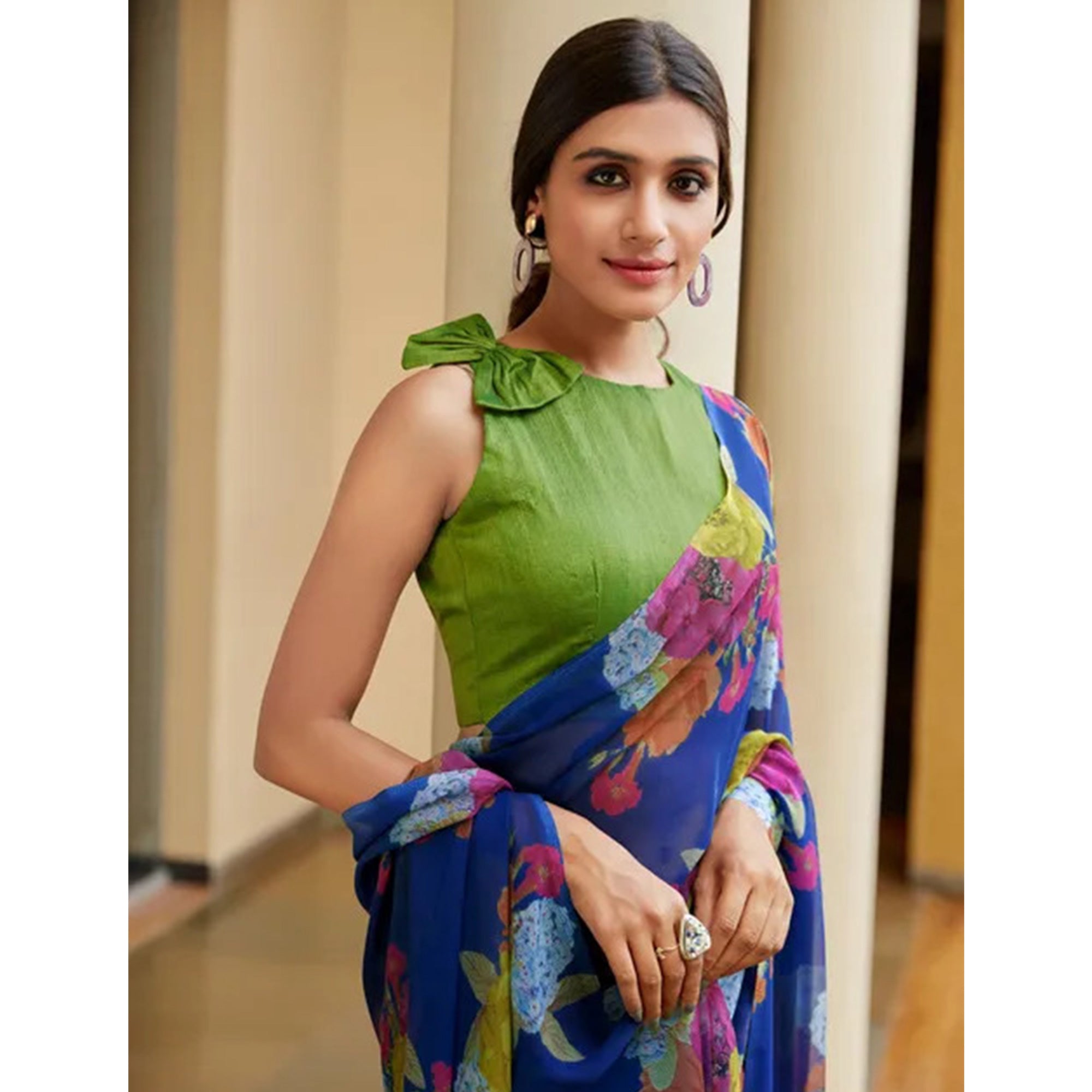 Royal Blue Floral Digital Printed Georgette Saree