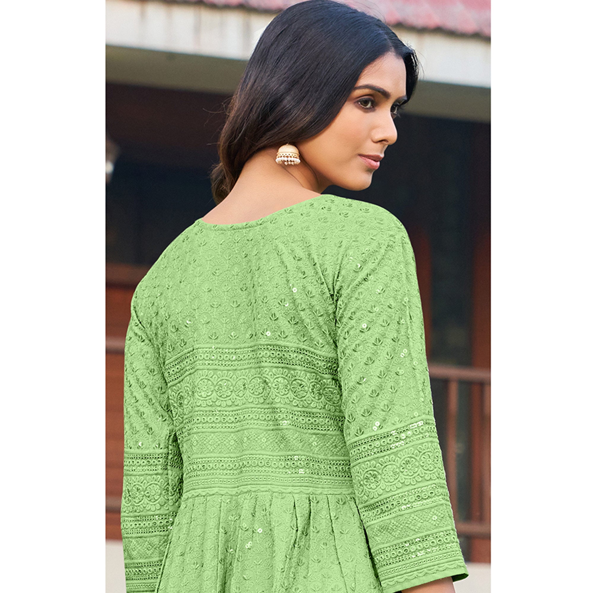 Mint Green Sequins Embroidered Rayon Naira Cut Kurti