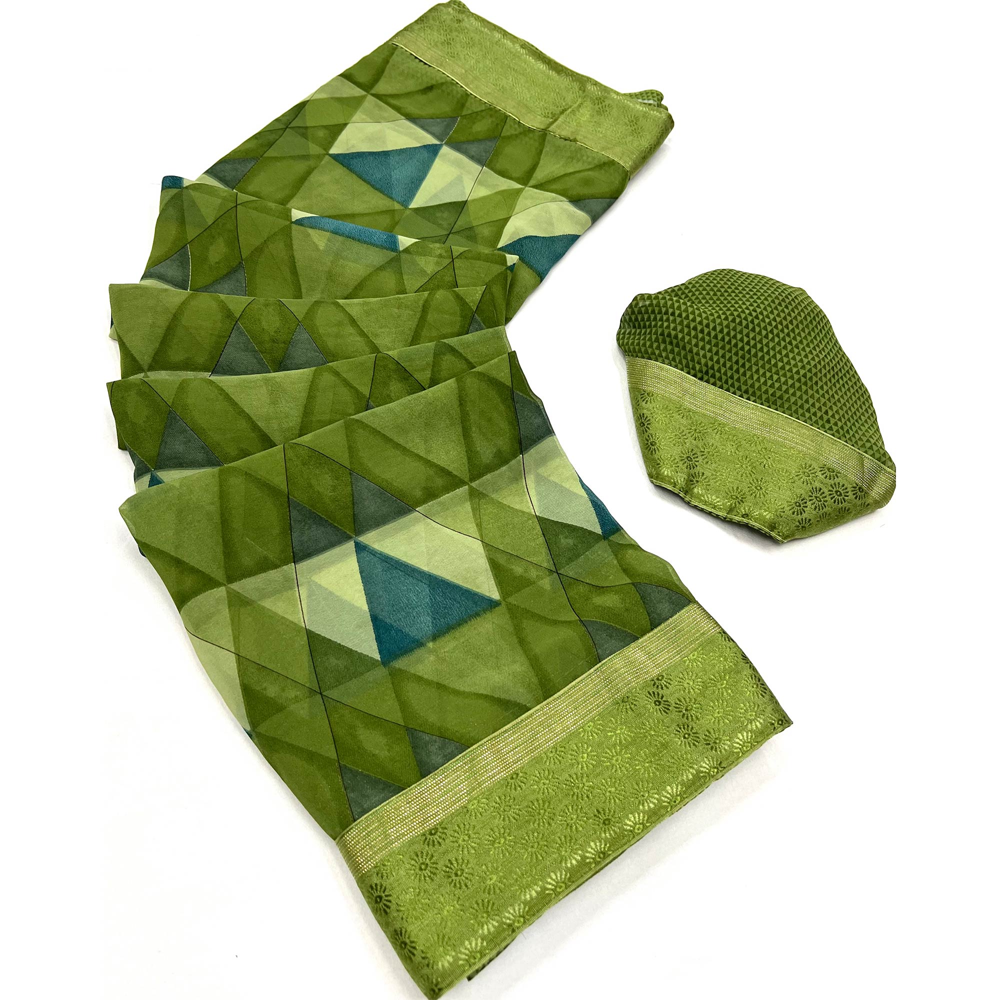 Pista Green Geometric Printed Georgette Saree