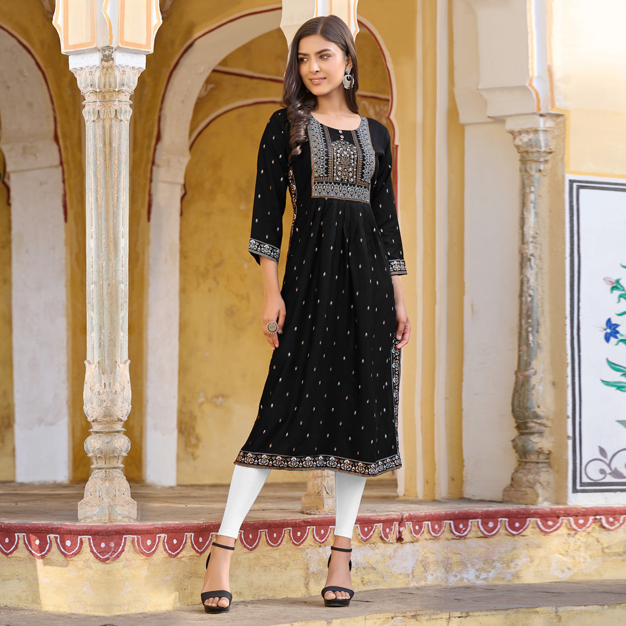 Black Printed Rayon Naira Cut Kurti